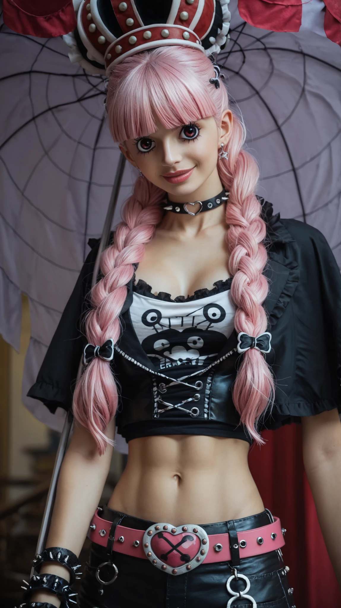 Ultra-realistic, medium shot of a young woman styled after Perona from One Piece, with vivid pink long hair styled in two thick braids and straight bangs, wearing a gothic modern outfit: black crop top with a faded skull and crossbones print, sheer fishnet undershirt, black high-waisted skinny pants with a double belt and silver studs, gothic choker with a silver ring and star charm, black wristbands with metal spikes. She is holding a dark purple gothic parasol resting on her shoulder, and posing playfully with her other hand gently touching her cheek. Her facial features are delicate and refined, with a small, beautiful, symmetric nose, full lips, and large, expressive but realistic eyes with soft eyelashes, maintaining the essence of Perona’s design in a lifelike rendering. The background is a flat pastel blue with two floating, stylized cartoon ghosts smiling cheerfully. Soft studio lighting, realistic skin texture, cinematic detail, whimsical and charming mood, anime realism fusion, sharp focus, Asian, beautiful, (26 years old), toned stomach, charming, highly detail