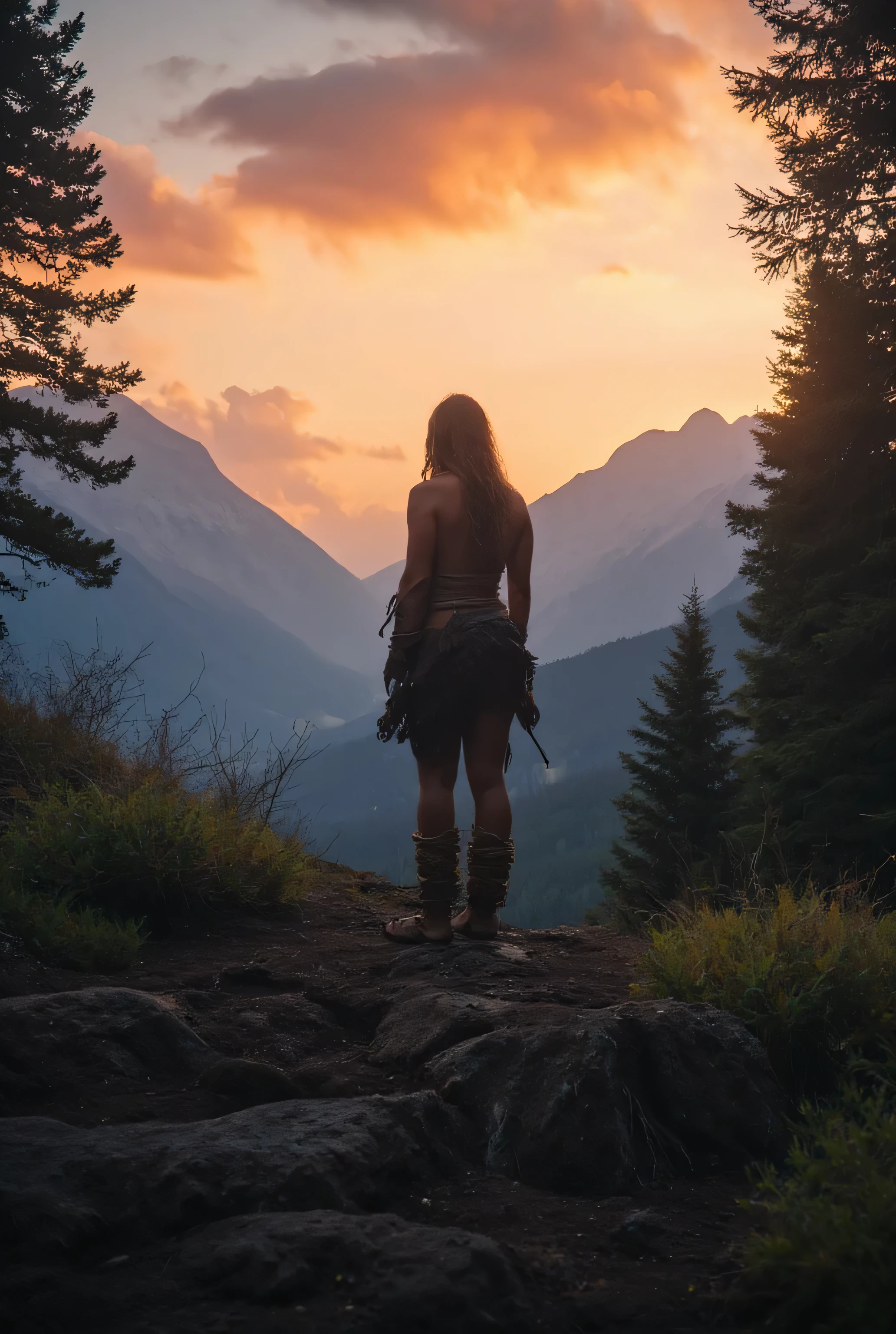 Create a deep, mesmerizing, and intricately detailed forest landscape that transports the viewer back to prehistoric times. Illustrate a prehistoric warrior woman, dressed in rustic clothing made from hides and rope, standing atop a mountain watching the sunset. Emphasize hyperrealism in your composition, capturing the atmospheric details of the mountain range and the soft, moist earth beneath her feet. Use a panoramic ultra-wide angle to immerse your audience in a documentary-style scene, where every element tells a story. Use dynamic leading lines to naturally guide the viewer's eye throughout the composition, contrasting the vibrant UHD color palette with the harsh surroundings. Pay meticulous attention to the warrior's anatomy, showing strength and determination in her posture as she navigates the challenges of the forest. As the perspective zooms out, maintain the authenticity and depth of the character. Employ cutting-edge 3D CGI textures to bring your artwork to life, creating a stunning FantasyPunkAi piece that encapsulates the adventurous spirit and resilience of the Vikings, set against the enchanting landscapes of Northern Europe.
