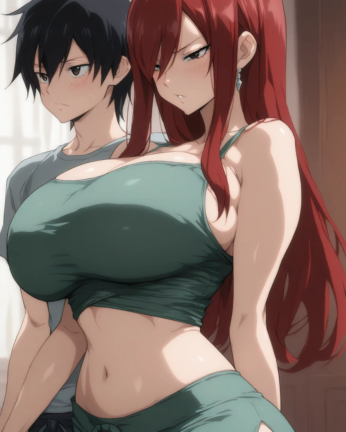 Erza scarlet, só, qualidade hd, obra-prima, cabelo vermelho, cabelo comprido, olhos semiabertos, olhos castanhos, ajuste fino, mãe madura, seios grandes, apertado, quadris, tanga verde, rosto voltado para o observador,  Ao lado de boy , jovem menino, cabelo preto, 1 menino