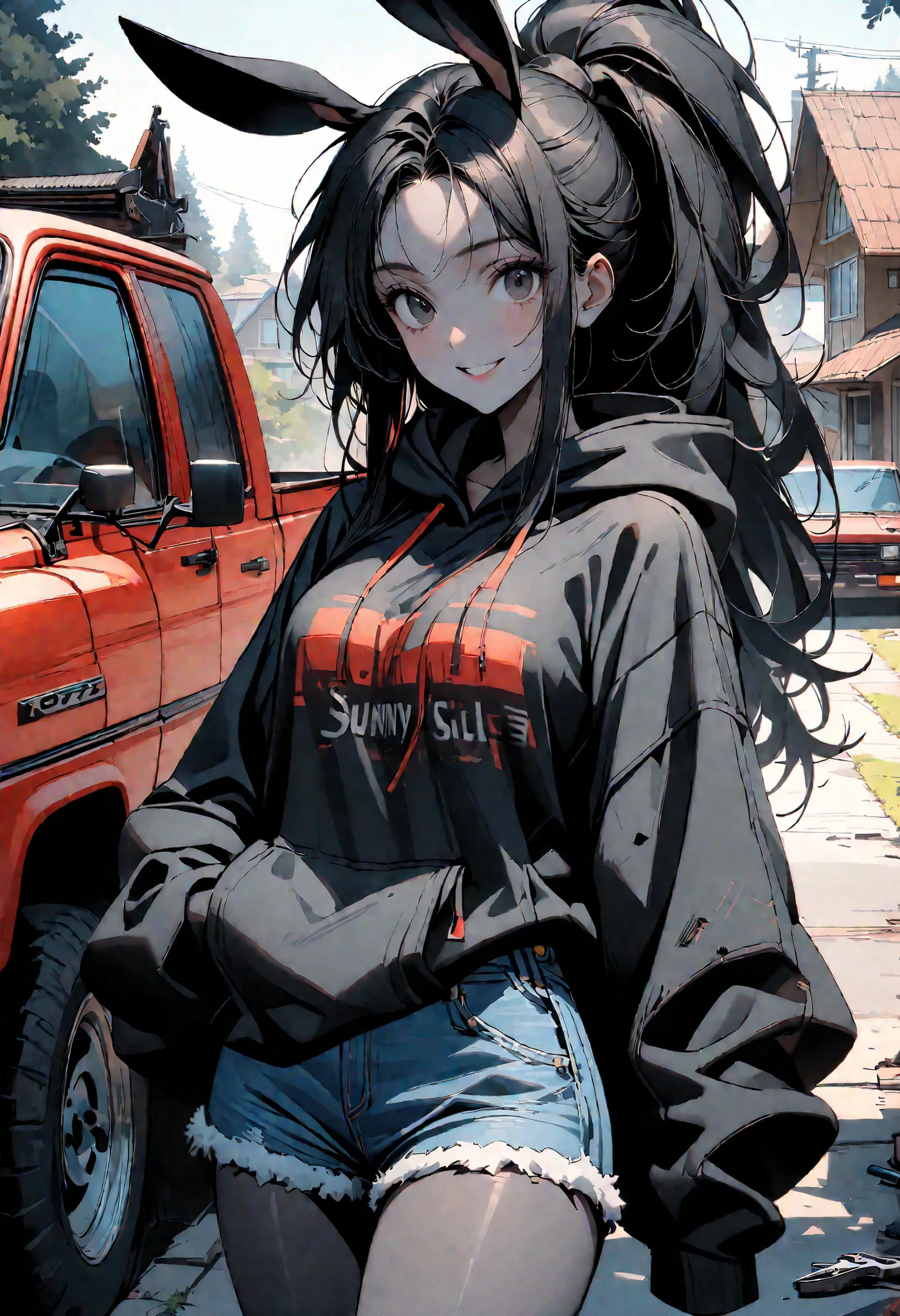 day, sunny, suburb, black skin, tools, 1990s pickup truck, red truck, comfy, driveway, rags, detailed, house, 4x4, 1girl, female, tomboy, rabbit girl, black skin, long hair, ponytail, black hair, bright black eyes, oversized hoodie, denim shorts, close up, shapely thighs, tall, curvaceous legs, broad shoulders, close up, fun, bunny ears, huge rabbit ears, black fur, large breasts, looking at viewer, fluffy denim shorts, wide smile, slim, warm light, black fur, female focus, closeup