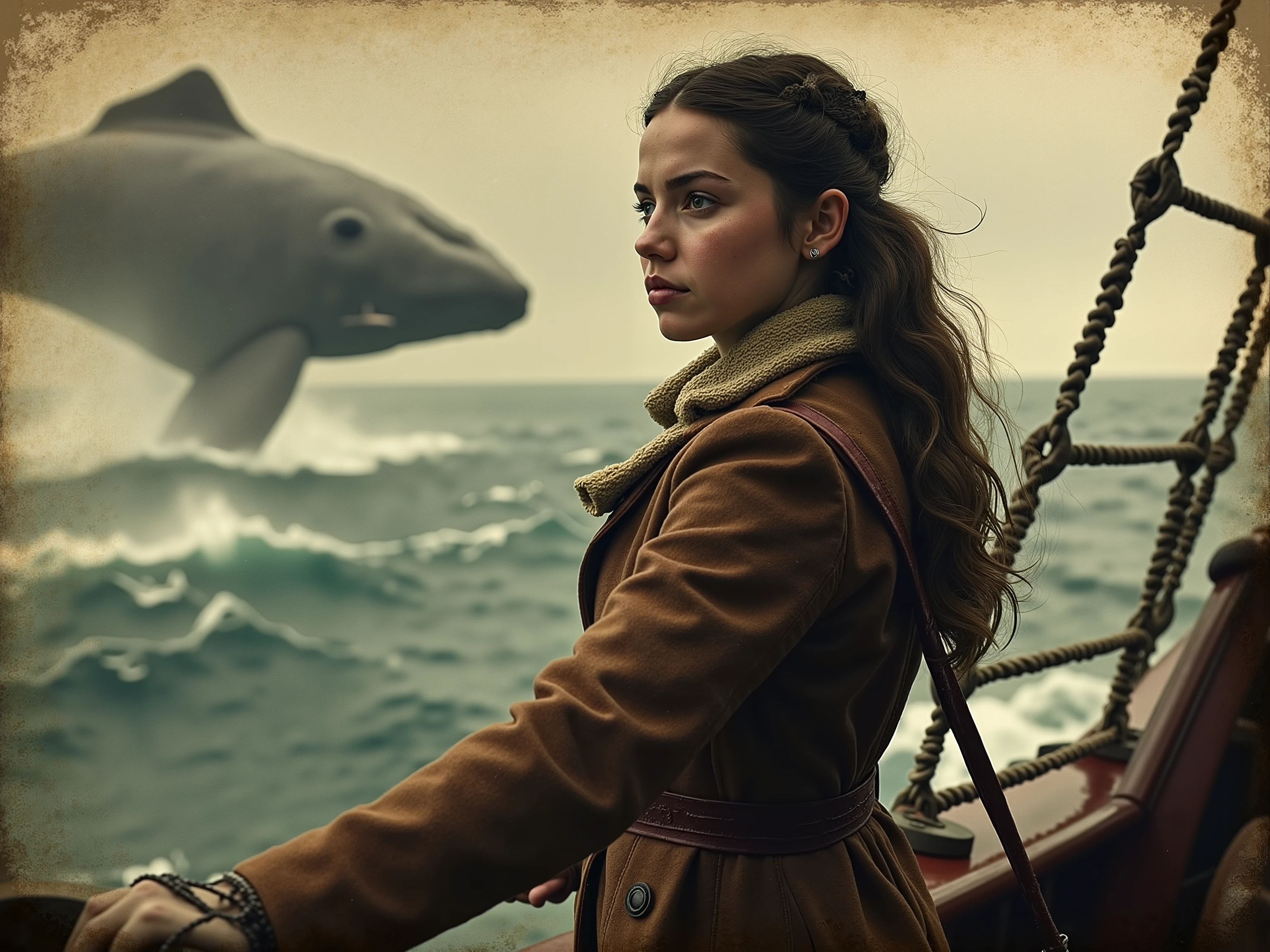 "A young female captain Ahab chases her whale through the hell of storm and spray — a yellowed whaler photo, That freezes her obsession and the violence of the ocean."