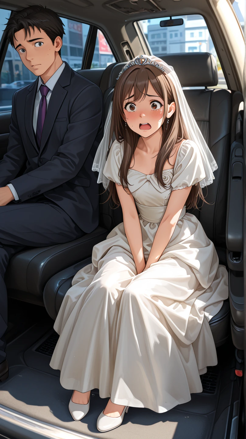 block a car，wedding gown，Single girl，brunette color hair，weeping，big breasts beautiful，full bodyesbian，long whitr hair，smallunderboob