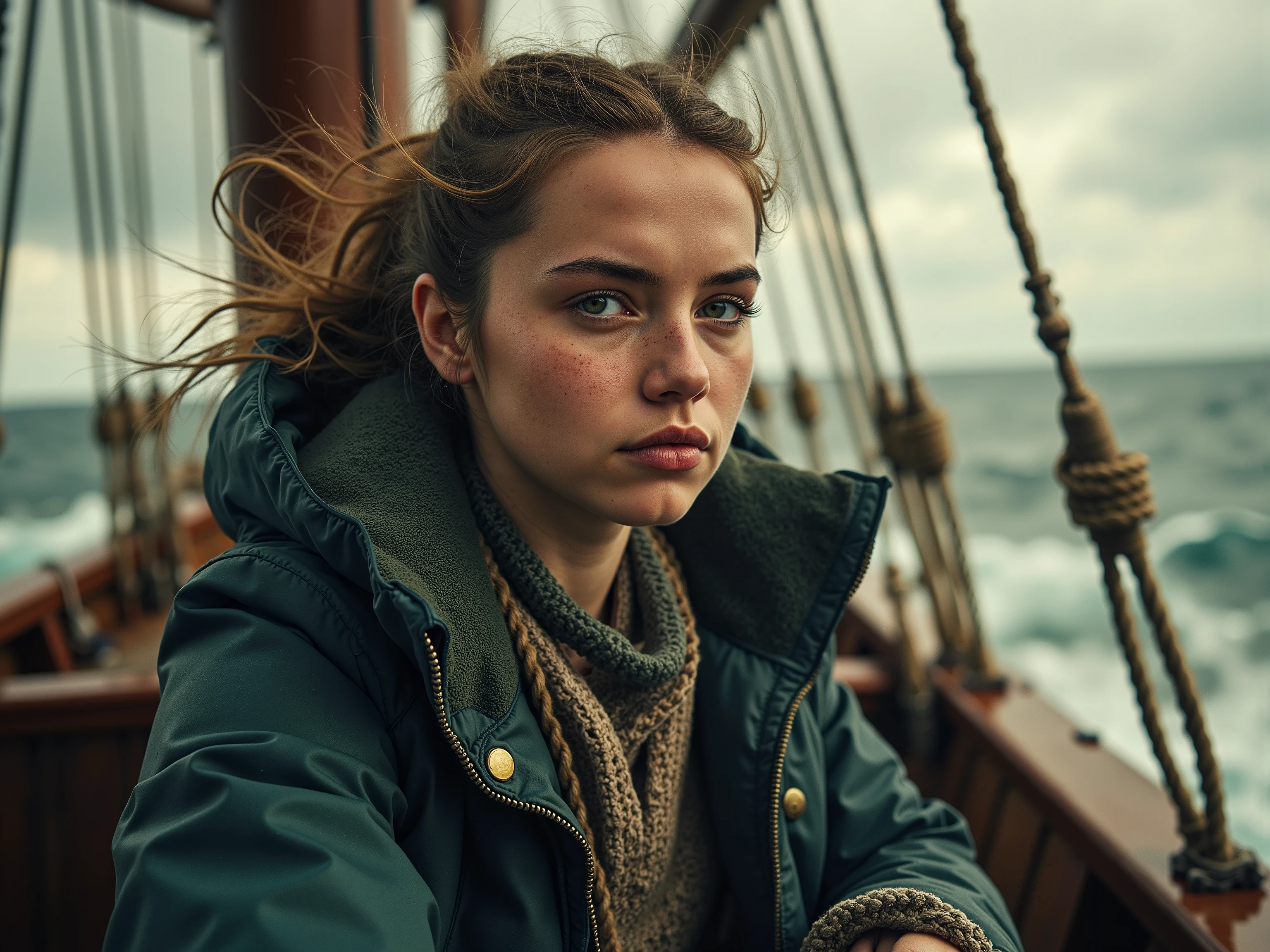 "A young female captain Ahab chases her whale through the hell of storm and spray — a yellowed whaler photo, That freezes her obsession and the violence of the ocean."