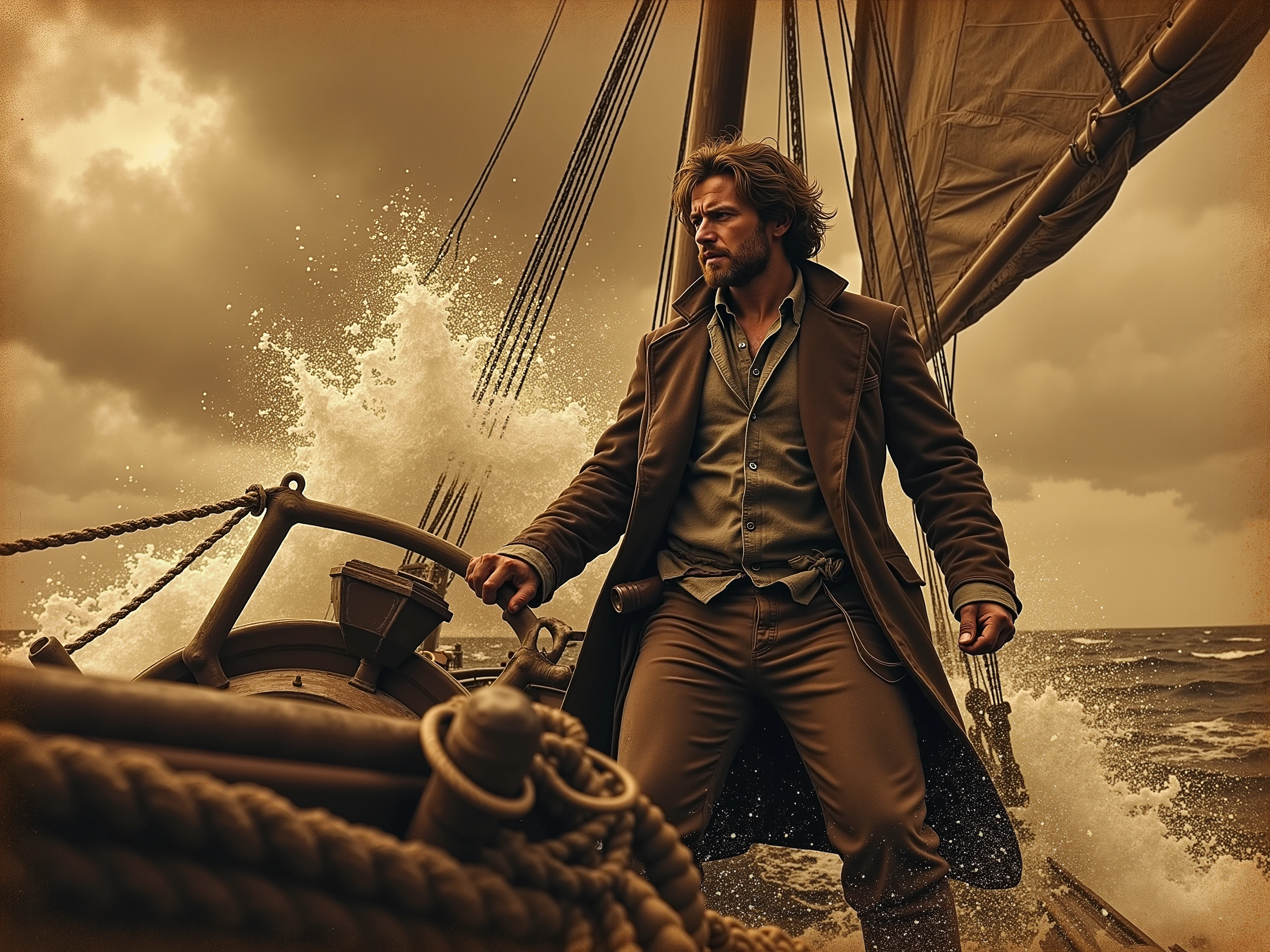 "A young captain Ahab chases her whale through the hell of storm and spray — a yellowed whaler photo, That freezes her obsession and the violence of the ocean."