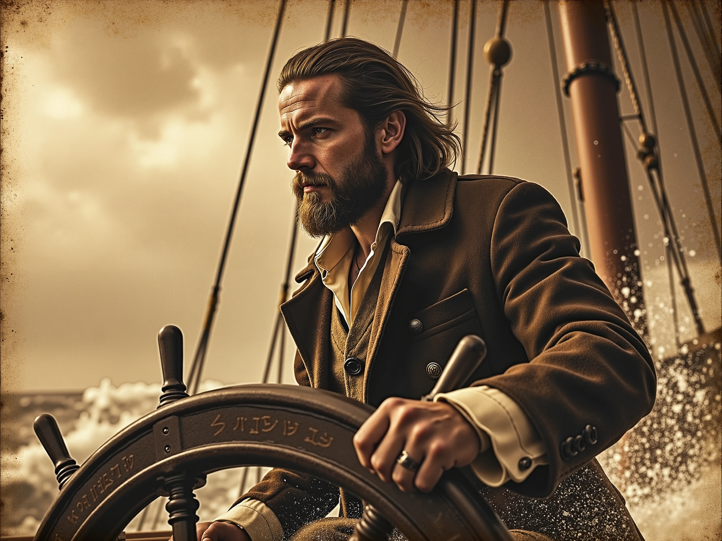 "A young captain Ahab chases her whale through the hell of storm and spray — a yellowed whaler photo, That freezes her obsession and the violence of the ocean."