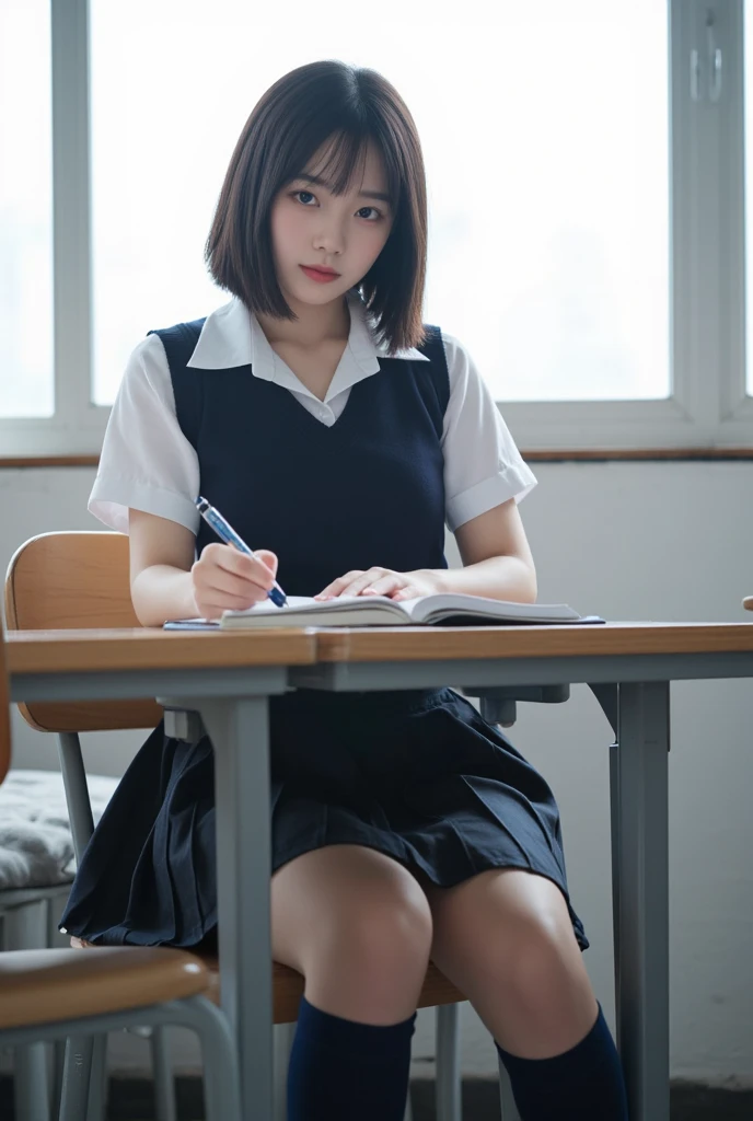 4K, 15yo student, japanes, teens girl, a junior high school student, ‎Classroom, desk work, Sit up, (((dozing))), Short bob hair, White shirt with dark red tie, Checked pleated skirt, Pencil, Colossal tits, (((Face down on the desk))), droolng