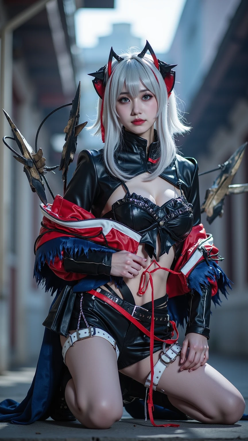 ( absurdly , high quality , Super detailed,See photographer ),  ((Pose of a swordsman holding a sword grip)) ((devil、vampire night))、1 girl, alone, (((very long white hair))), 美しいクリスタルのeye ( eye ) baroque, necklace, elegant, colorful、leather mini skirt,(((4 giant black goat horns,devilの角))),,A fusion costume of armor and Chinese dress with detailed and beautiful colorful patterns.,background of the demon world