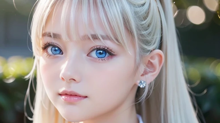 ((detailed face, cute face)), (She is wearing a long white embroidered skirt, a red blouse with lace, a white apron tied around her waist, blue socks, and brown leather shoes, blue scarf is on her head. Yes, her accessories include necklaces, earrings, and bracelets. 1 Girl)), Ultra High Resolution, (Realistic: 1.4), RAW Photo, Best Quality, (Photorealistic Stick), Focus, Soft Light, ((15 years old)), ((Shiny platinum blonde silk super long straight hair, beautiful shiny bangs, big clear sky blue eyes, very beautiful bright eye highlights )), (( (young face))), (surface), (depth of field), masterpiece, (realistic), woman, bangs, ((1 girl))