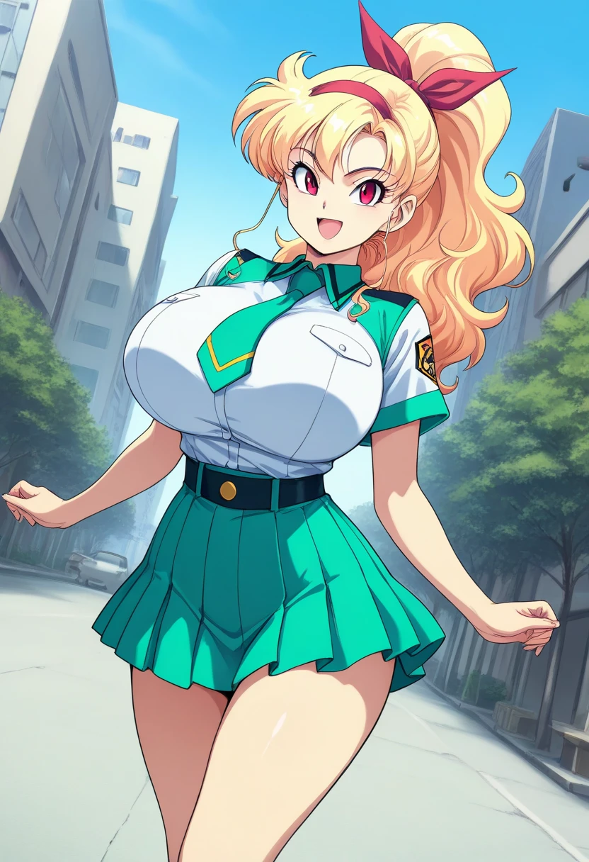 masterpiece, best quality, 1girl, solo, girls und panzer, el, cleavage, blue shirt, suspenders, green skirt, black belt, outdoors
