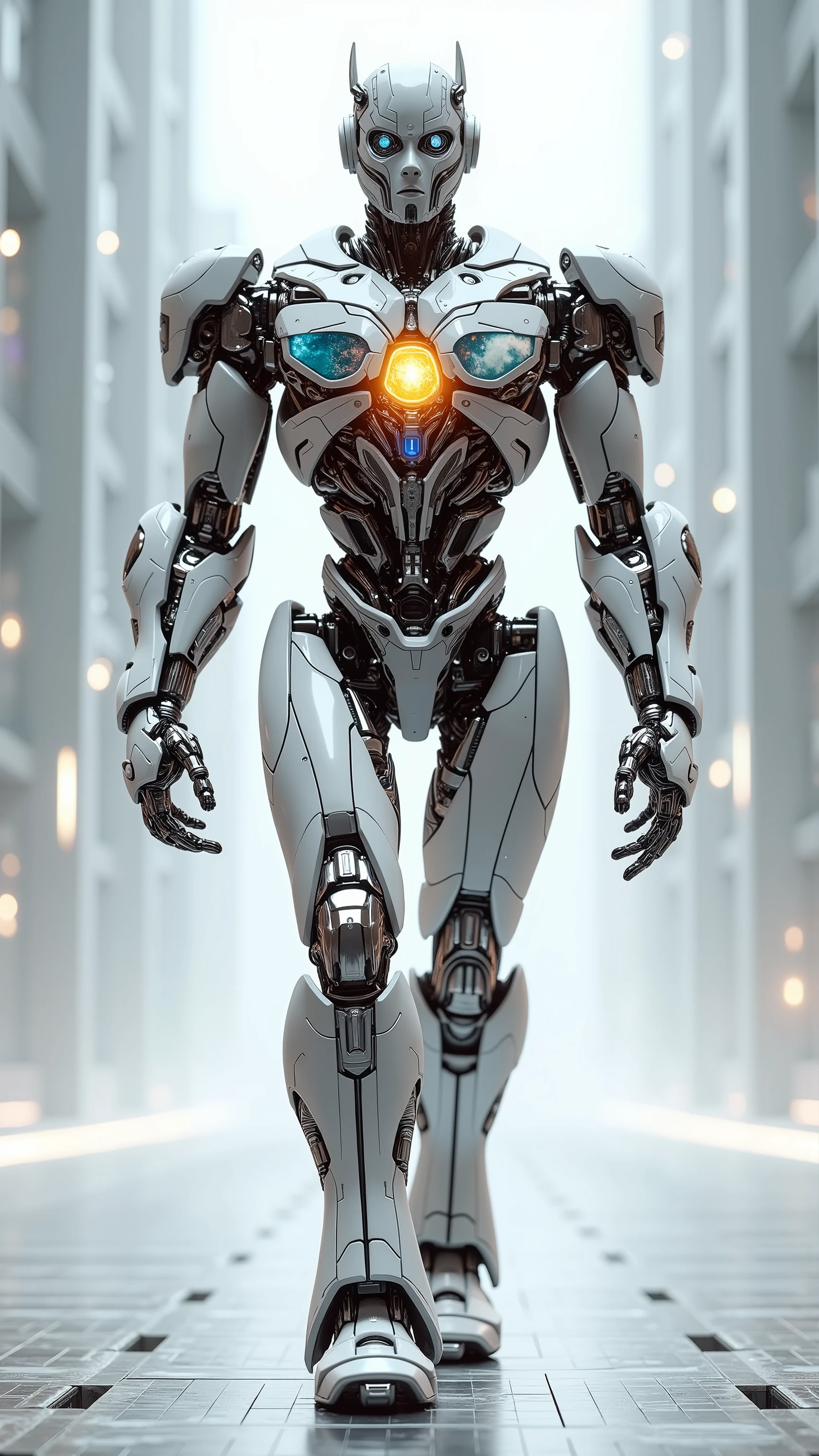 DALL·E reimagined as a visionary Transformer robot, walking forward surrounded by swirling 3D objects and morphing constructs, 1 male robot,
Face composed of shifting polygons and grid overlays, with fractal-like eyes that project evolving images. His armor is matte-white ceramic interlocked with holographic panels displaying art styles — cubism, realism, pixel art, surrealism.
Hands function as creation engines — from one palm emerge swirling spheres and models, from the other, brush-stroke holograms forming living creatures. His chest bears a glowing cube of infinite variance, changing shape every few seconds.
He walks like a walking AI generator, every step forming and reforming environments around him.
Background: an infinite white void filled with semi-transparent image layers, floating reference boards, half-formed creatures, and morphing landscapes. A grid structure pulses beneath his feet, connecting concepts together in flowing light.
, futuristic transformer-style, modular mechanical body, glowing AI matrix core, 8k, photorealistic, cinematic lighting, ultra detailed, creative energy particles, concept-art feeling, visual generation, glowing holograms, AI fantasy, no text