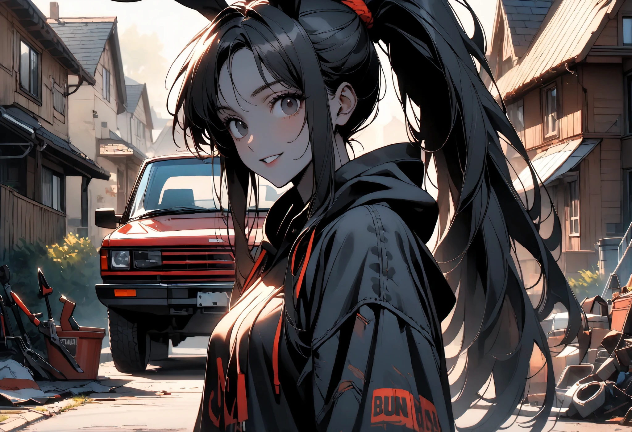 day, sunny, suburb, black skin, tools, 1990s pickup truck, red truck, comfy, driveway, rags, detailed, house, 4x4, 1girl, female, tomboy, rabbit girl, black skin, long hair, ponytail, black hair, bright black eyes, oversized hoodie, denim shorts, close up, shapely thighs, tall, curvaceous legs, broad shoulders, close up, fun, bunny ears, huge rabbit ears, black fur, large breasts, looking at viewer, fluffy denim shorts, wide smile, slim, warm light, black fur, female focus, closeup