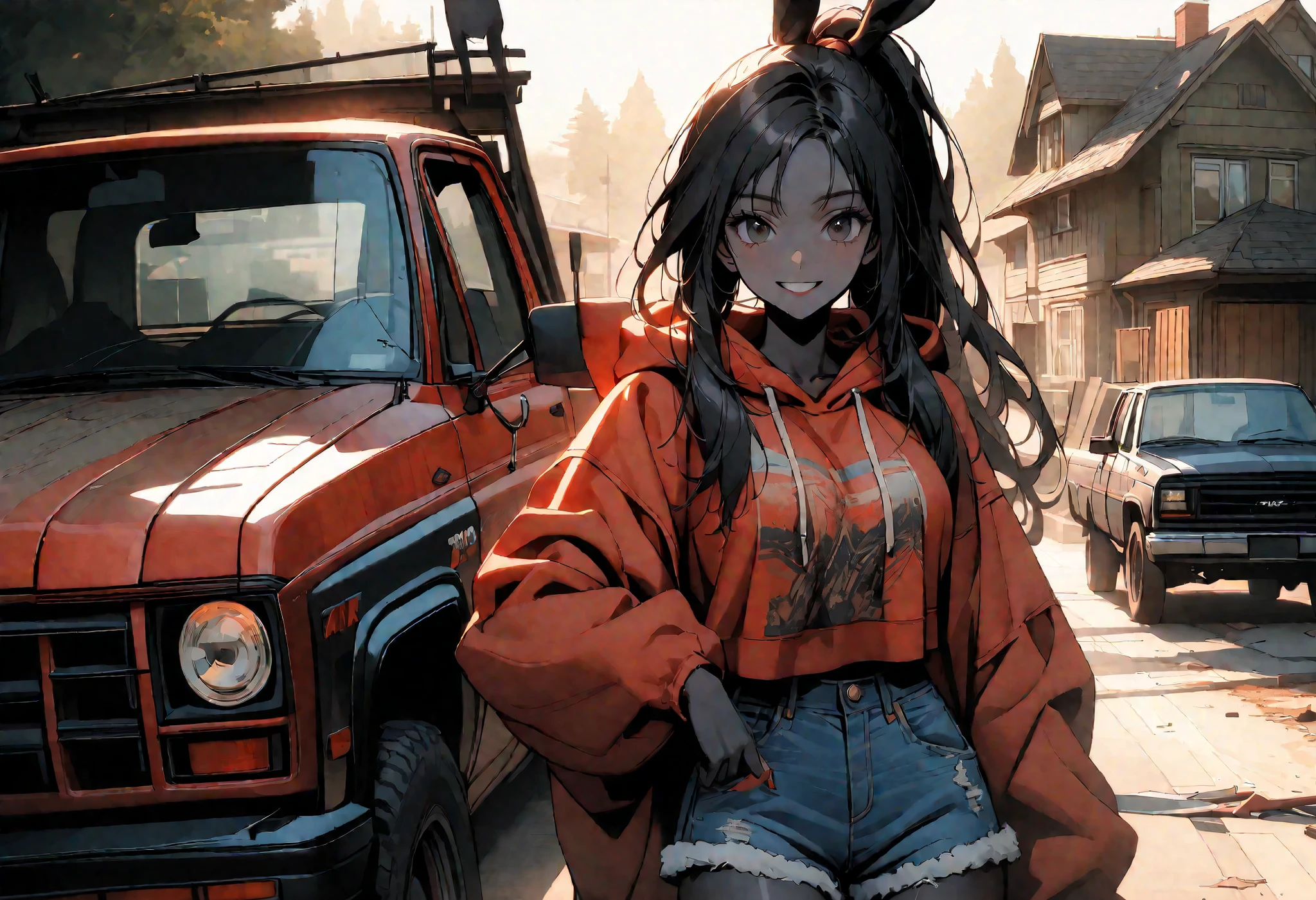 day, sunny, suburb, black skin, tools, 1990s pickup truck, red truck, comfy, driveway, rags, detailed, house, 4x4, 1girl, female, tomboy, rabbit girl, black skin, long hair, ponytail, black hair, bright black eyes, oversized hoodie, denim shorts, close up, shapely thighs, tall, curvaceous legs, broad shoulders, close up, fun, bunny ears, huge rabbit ears, black fur, large breasts, looking at viewer, fluffy denim shorts, wide smile, slim, warm light, black fur, female focus, closeup
