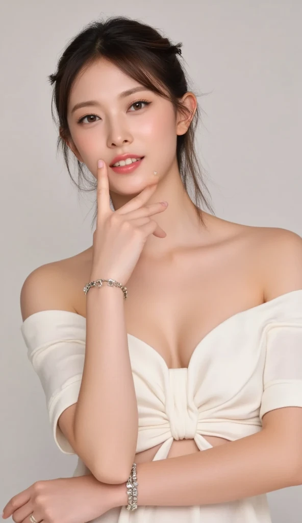 arafed woman in a white dress posing for a picture, wearing white camisole, gorgeous chinese model, beautiful young korean woman, gorgeous young korean woman, beautiful south korean woman, a beautiful woman in white, an asian woman, elegant smiling pose, a young asian woman, cute elegant pose, wearing white leotard, beautiful asian woman, korean woman