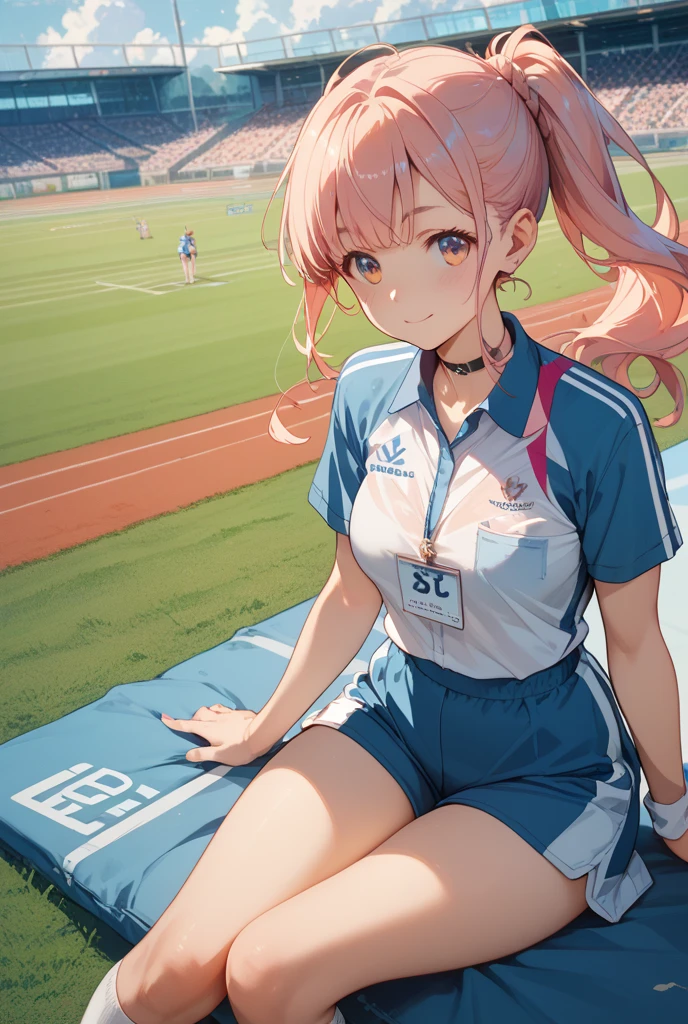 masterpiece, best quality, 1girl, solo, blue_eyes, blunt_bangs, ponytail, red_hair, long_hair, hair_ribbon, hairclip, smile, bike_shorts, navel, sportswear, sports bra,<lora:top-000020:1>