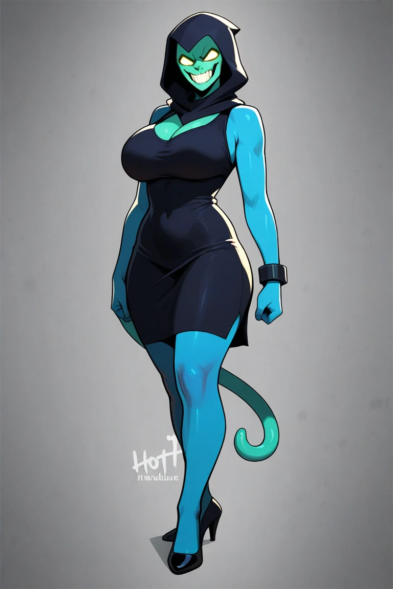 Tall, (thin), Blue Skin Twi'lek with (huge breasts) wearing black underwear, choker, huge breasts, cleavage, tall, graceful, (tall), slim hips, small waist, full-body shot