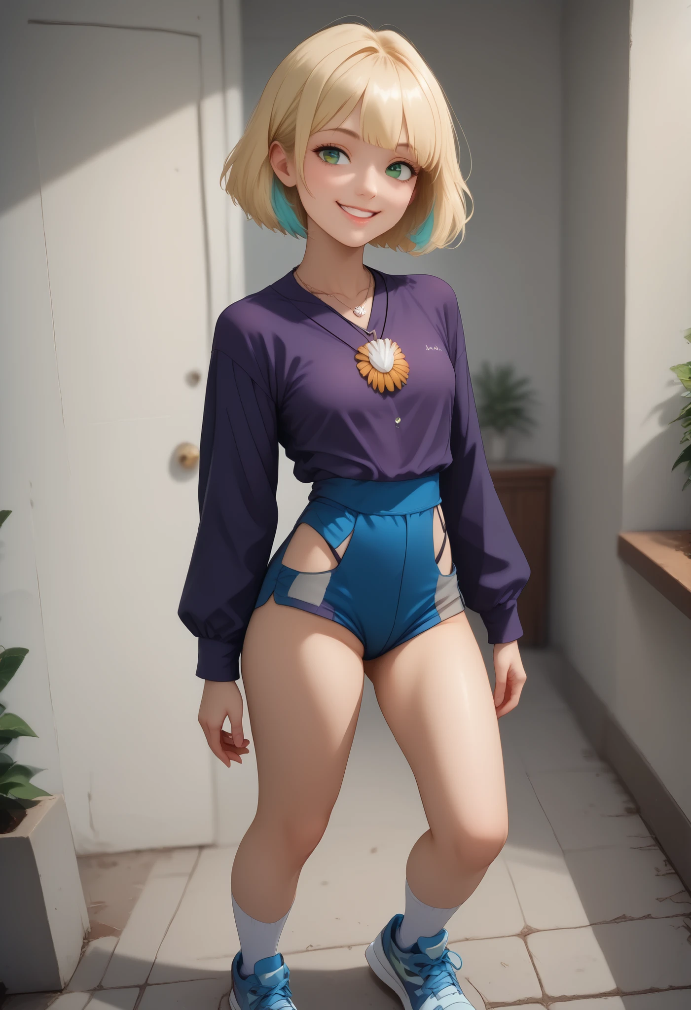 score_9 , score_8_up , score_7_up , score_6_up , BREAK, (((Best Quality , 8K , Masterpiece: 1 . 3)) , Full Body , Focus Clear: 1 . 2 , Outstanding Beauty: 1 . 4 , Slender Abs: 1 . 2)) , ((dynamic angle)) , (((wide view))), ((ultra quality)), ((Masterpiece)), ((((((jackiel , blonde hair , 1girl , green eyes , solo , multicolored hair , short hair , purple shirt , shell necklace , bangs , long sleeves , blue shorts , tight shorts , highleg thong , smile , socks , sneakers))))), (Beautiful face), (beautiful female lips), , charming, ((Innocent expression)), looking at the camera smiling softly, eyes closed a little, , glare on the body, ((detailed beautiful female eyes)), ((Green eyes)), (juicy female lips), (), (beautiful female hands), ((Ideal female figure)), Ideal female body, beautiful waist, beautiful hips, small breasts, ((subtle and beautiful)), stands temptingly () background: on a tall building night city, ((depth of field)), ((high quality clear image)), (clear details), ((High detail)), realistically, professional photo session, ((Clear Focus)),nsfw, smile, looking at camera, photorealistic, 8K, hyper detailed, professional photography, natural skin tones, studio lighting, ((((seductive pose , sexy pose , cowboy pose , hourglass figure)))) , ((precise face and eyes:1))