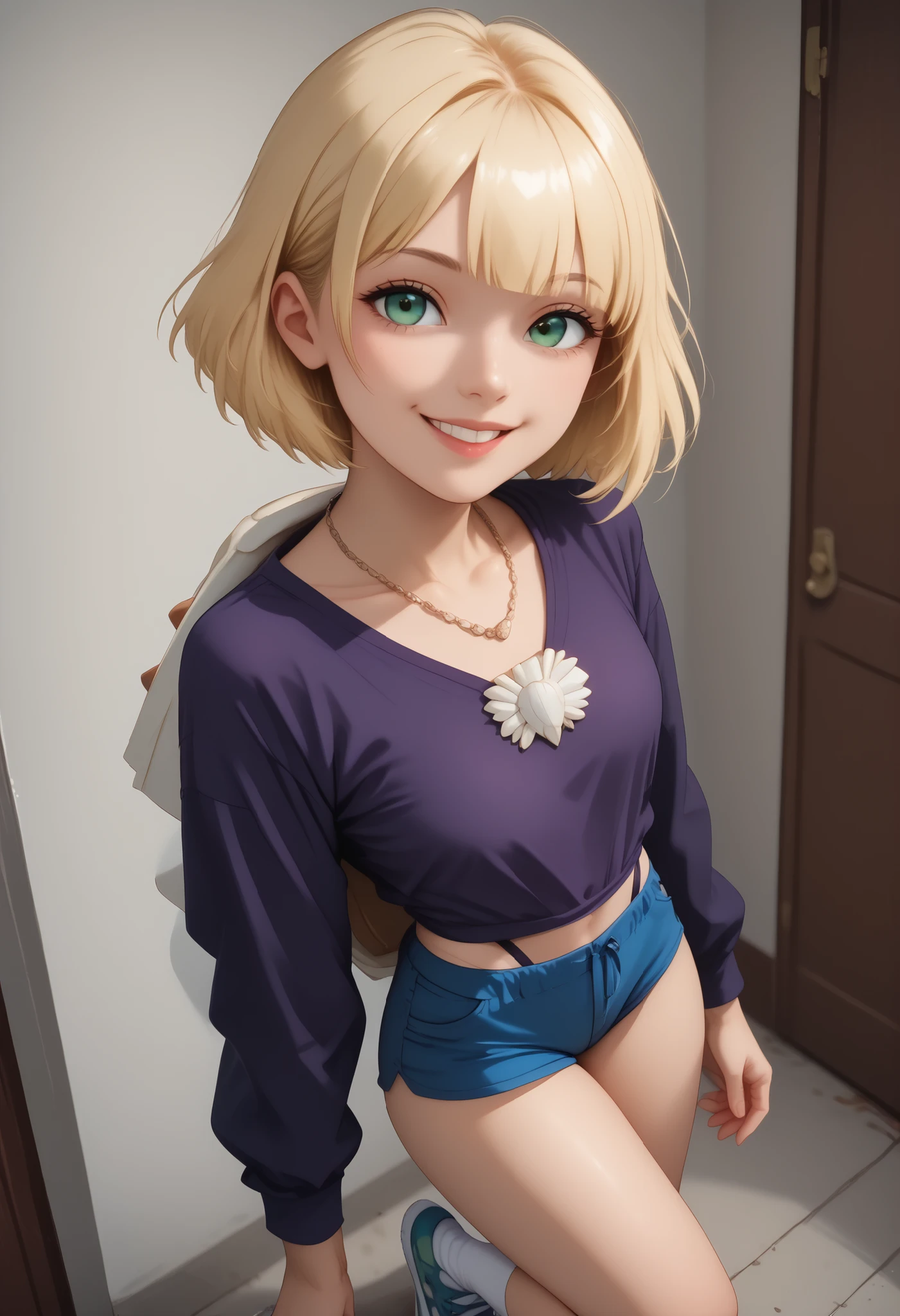 score_9 , score_8_up , score_7_up , score_6_up , BREAK, (((Best Quality , 8K , Masterpiece: 1 . 3)) , Full Body , Focus Clear: 1 . 2 , Outstanding Beauty: 1 . 4 , Slender Abs: 1 . 2)) , ((dynamic angle)) , (((wide view))), ((ultra quality)), ((Masterpiece)), ((((((jackiel , blonde hair , 1girl , green eyes , solo , multicolored hair , short hair , purple shirt , shell necklace , bangs , long sleeves , blue shorts , tight shorts , highleg thong , smile , socks , sneakers))))), (Beautiful face), (beautiful female lips), , charming, ((Innocent expression)), looking at the camera smiling softly, eyes closed a little, , glare on the body, ((detailed beautiful female eyes)), ((Green eyes)), (juicy female lips), (), (beautiful female hands), ((Ideal female figure)), Ideal female body, beautiful waist, beautiful hips, small breasts, ((subtle and beautiful)), stands temptingly () background: on a tall building night city, ((depth of field)), ((high quality clear image)), (clear details), ((High detail)), realistically, professional photo session, ((Clear Focus)),nsfw, smile, looking at camera, photorealistic, 8K, hyper detailed, professional photography, natural skin tones, studio lighting, ((((seductive pose , sexy pose , cowboy pose , hourglass figure)))) , ((precise face and eyes:1))