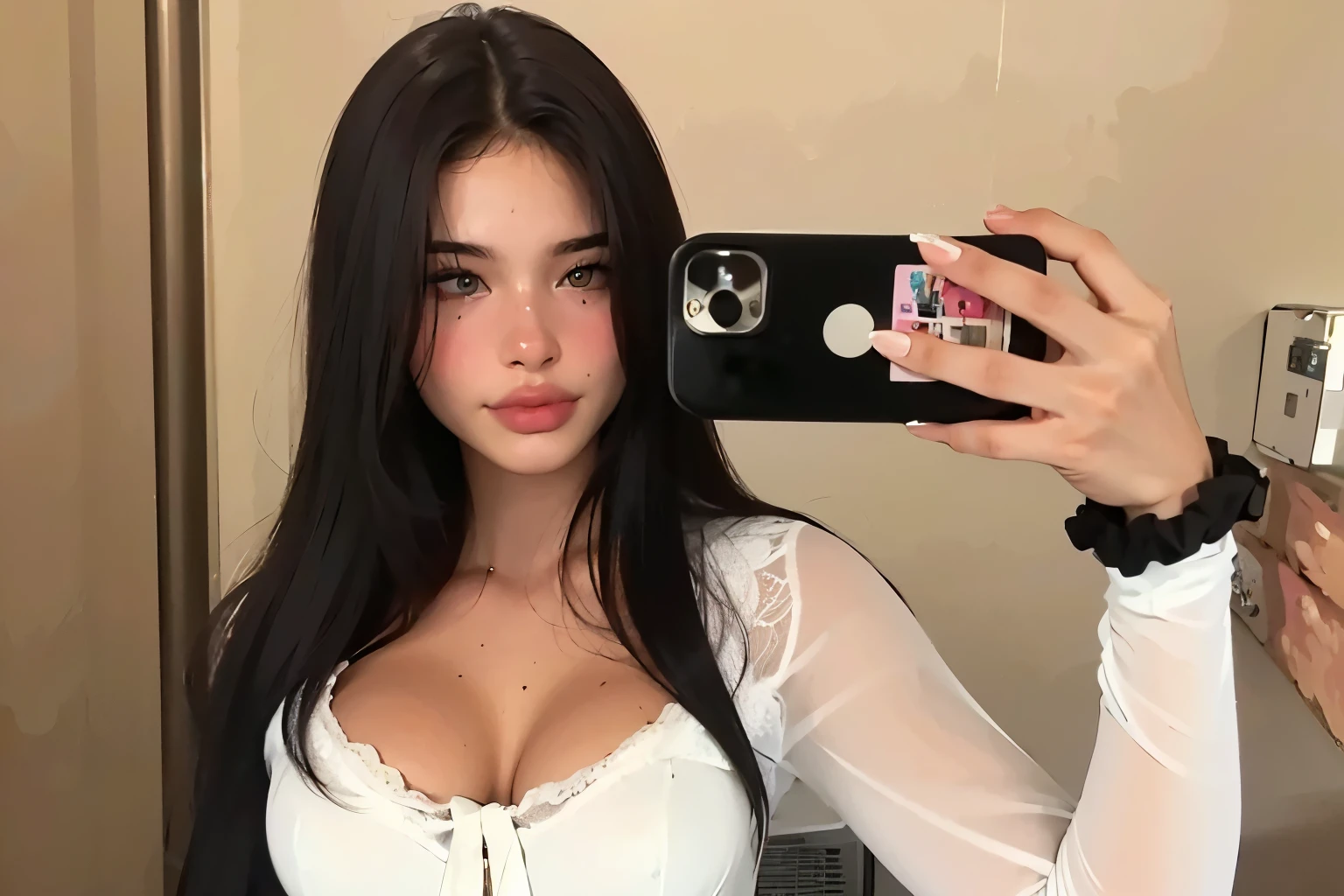 um close de uma mulher com longos cabelos pretos e uma blusa branca, rosto sexy with full makeup, lindo rosto latina, thick lips, 18 anos de idade, clear, high-quality lips, rosto extremamente lindo, cabelos escuros e maquiagem, beautiful face features, small lips, nariz pontudo, Com cabelos longos e olhos penetrantes, rosto sexy, cabelo preto e olhos grandes