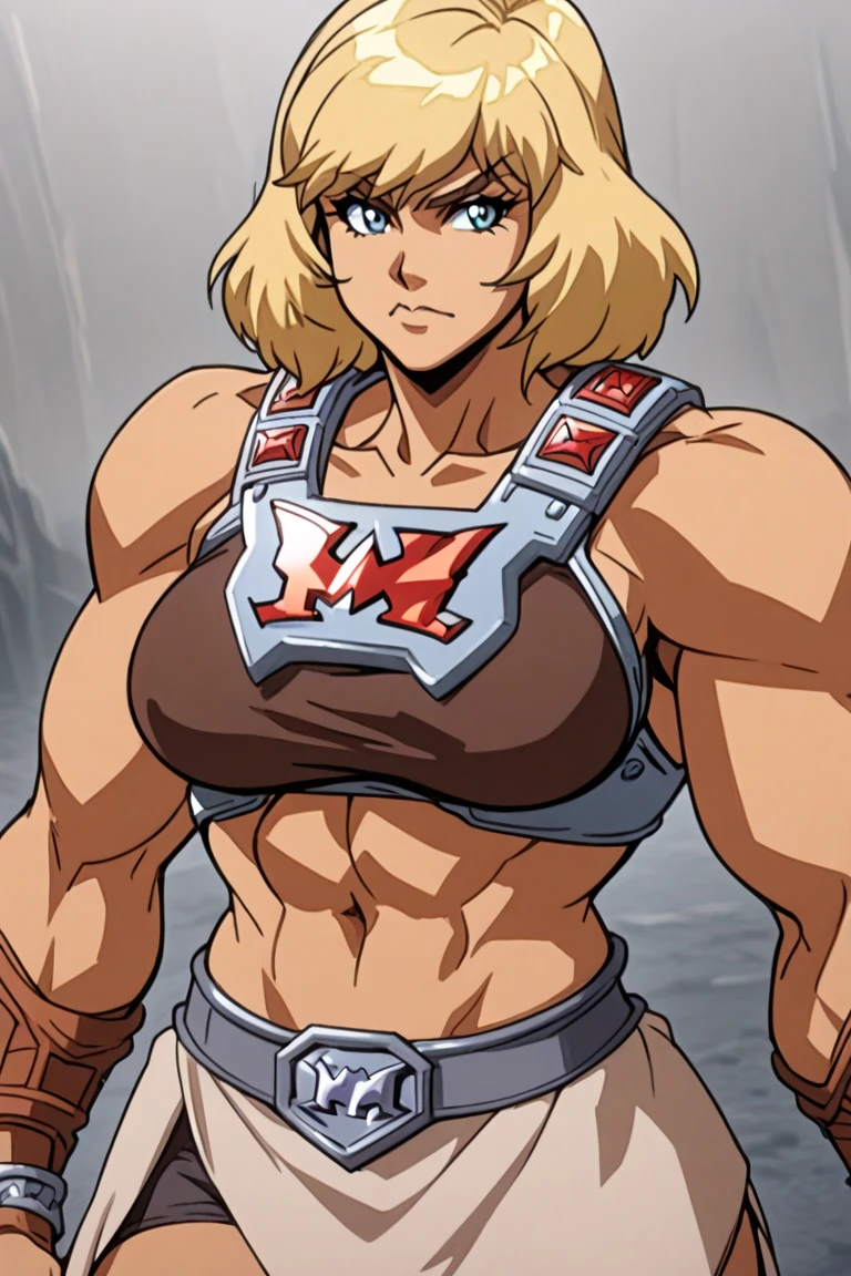 8k_wallpaper, extremely detailed eyes, extremely detailed body, (large masterpiece digital art), ((perfect anatomy huge chest)), (intricate details:1.3), (ultra-detailed:1.3), (sharp focus:1.3), (natural lighting:1.05), (vivid colors:1.3), (best quality:1.4), high quality, expressive eyes, full body, tall girl, detailed face, beautiful face, perfect face, woman with golden eyes and a tail of lush yellow sandy hair, a predatory smile, a grin, tanned dark bronze skin, huge chest, powerful sculpted abdominal muscles, powerful sculpted leg muscles, powerful sculpted thigh muscles, powerful sculpted arm muscles, dressed in tight leather shorts, naked breasts with large nipples, nipple piercings, large gold rings, training in a dense tropical forest against the backdrop of a distant beach and an old galleon,