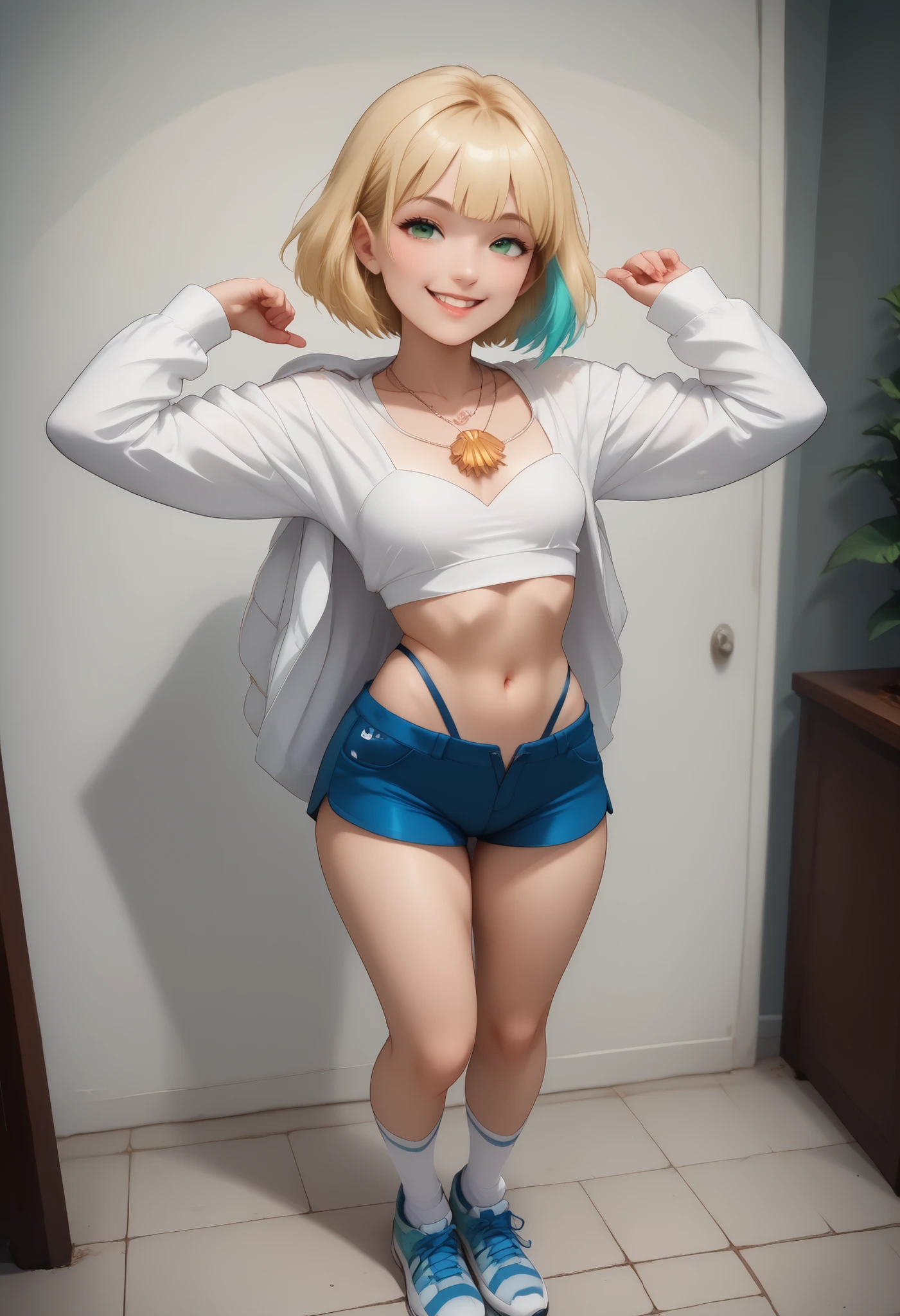 score_9 , score_8_up , score_7_up , score_6_up , BREAK, (((Best Quality , 8K , Masterpiece: 1 . 3)) , Full Body , Focus Clear: 1 . 2 , Outstanding Beauty: 1 . 4 , Slender Abs: 1 . 2)) , ((dynamic angle)) , (((wide view))), ((ultra quality)), ((Masterpiece)), ((((((jackiel , blonde hair , 1girl , green eyes , solo , multicolored hair , short hair , white crop top, shell necklace , bangs , long sleeves , blue shorts , tight shorts , highleg thong , smile , socks , sneakers))))), (Beautiful face), (beautiful female lips), , charming, ((Innocent expression)), looking at the camera smiling softly, eyes closed a little, , glare on the body, ((detailed beautiful female eyes)), ((Green eyes)), (juicy female lips), (), (beautiful female hands), ((Ideal female figure)), Ideal female body, beautiful waist, beautiful hips, small breasts, ((subtle and beautiful)), stands temptingly () background: on a tall building night city, ((depth of field)), ((high quality clear image)), (clear details), ((High detail)), realistically, professional photo session, ((Clear Focus)),nsfw, smile, looking at camera, photorealistic, 8K, hyper detailed, professional photography, natural skin tones, studio lighting, ((((seductive pose , sexy pose , cowboy pose , hourglass figure)))) , ((precise face and eyes:1))