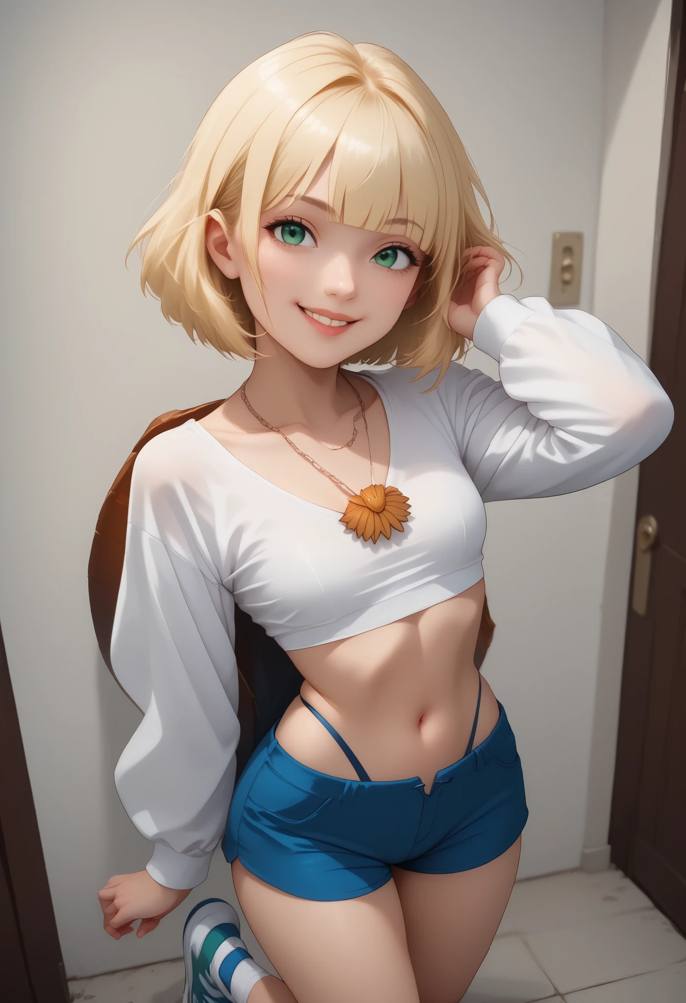 score_9 , score_8_up , score_7_up , score_6_up , BREAK, (((Best Quality , 8K , Masterpiece: 1 . 3)) , Full Body , Focus Clear: 1 . 2 , Outstanding Beauty: 1 . 4 , Slender Abs: 1 . 2)) , ((dynamic angle)) , (((wide view))), ((ultra quality)), ((Masterpiece)), ((((((jackiel , blonde hair , 1girl , green eyes , solo , multicolored hair , short hair , white crop top, shell necklace , bangs , long sleeves , blue shorts , tight shorts , highleg thong , smile , socks , sneakers))))), (Beautiful face), (beautiful female lips), , charming, ((Innocent expression)), looking at the camera smiling softly, eyes closed a little, , glare on the body, ((detailed beautiful female eyes)), ((Green eyes)), (juicy female lips), (), (beautiful female hands), ((Ideal female figure)), Ideal female body, beautiful waist, beautiful hips, small breasts, ((subtle and beautiful)), stands temptingly () background: on a tall building night city, ((depth of field)), ((high quality clear image)), (clear details), ((High detail)), realistically, professional photo session, ((Clear Focus)),nsfw, smile, looking at camera, photorealistic, 8K, hyper detailed, professional photography, natural skin tones, studio lighting, ((((seductive pose , sexy pose , cowboy pose , hourglass figure)))) , ((precise face and eyes:1)), leaning pose , back shot , back shot , very sexy poses , provocative poses , sexy poses , round breasts
