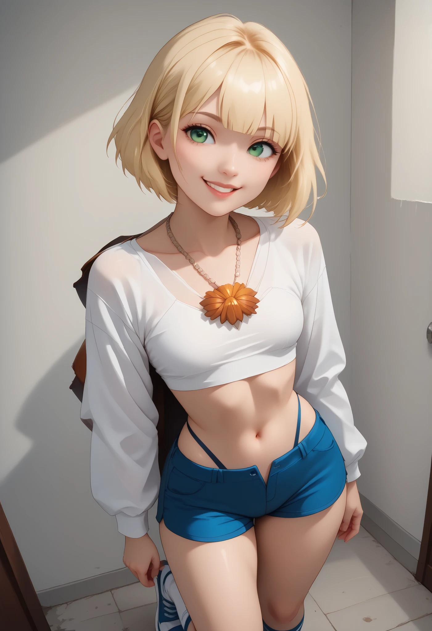 score_9 , score_8_up , score_7_up , score_6_up , BREAK, (((Best Quality , 8K , Masterpiece: 1 . 3)) , Full Body , Focus Clear: 1 . 2 , Outstanding Beauty: 1 . 4 , Slender Abs: 1 . 2)) , ((dynamic angle)) , (((wide view))), ((ultra quality)), ((Masterpiece)), ((((((jackiel , blonde hair , 1girl , green eyes , solo , multicolored hair , short hair , white crop top, shell necklace , bangs , long sleeves , blue shorts , tight shorts , highleg thong , smile , socks , sneakers))))), (Beautiful face), (beautiful female lips), , charming, ((Innocent expression)), looking at the camera smiling softly, eyes closed a little, , glare on the body, ((detailed beautiful female eyes)), ((Green eyes)), (juicy female lips), (), (beautiful female hands), ((Ideal female figure)), Ideal female body, beautiful waist, beautiful hips, small breasts, ((subtle and beautiful)), stands temptingly () background: on a tall building night city, ((depth of field)), ((high quality clear image)), (clear details), ((High detail)), realistically, professional photo session, ((Clear Focus)),nsfw, smile, looking at camera, photorealistic, 8K, hyper detailed, professional photography, natural skin tones, studio lighting, ((((seductive pose , sexy pose , cowboy pose , hourglass figure)))) , ((precise face and eyes:1)), leaning pose , back shot , back shot , very sexy poses , provocative poses , sexy poses , round breasts