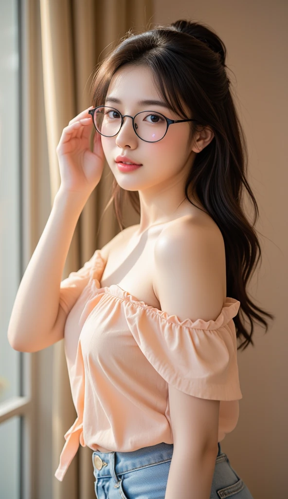 Ultra high quality, masterpiece, textured skin, 4K resolution, best quality,beautiful korean girl,((Charming glasses)),sexy body,soft long hair,huge breasts, (I don't see arms)