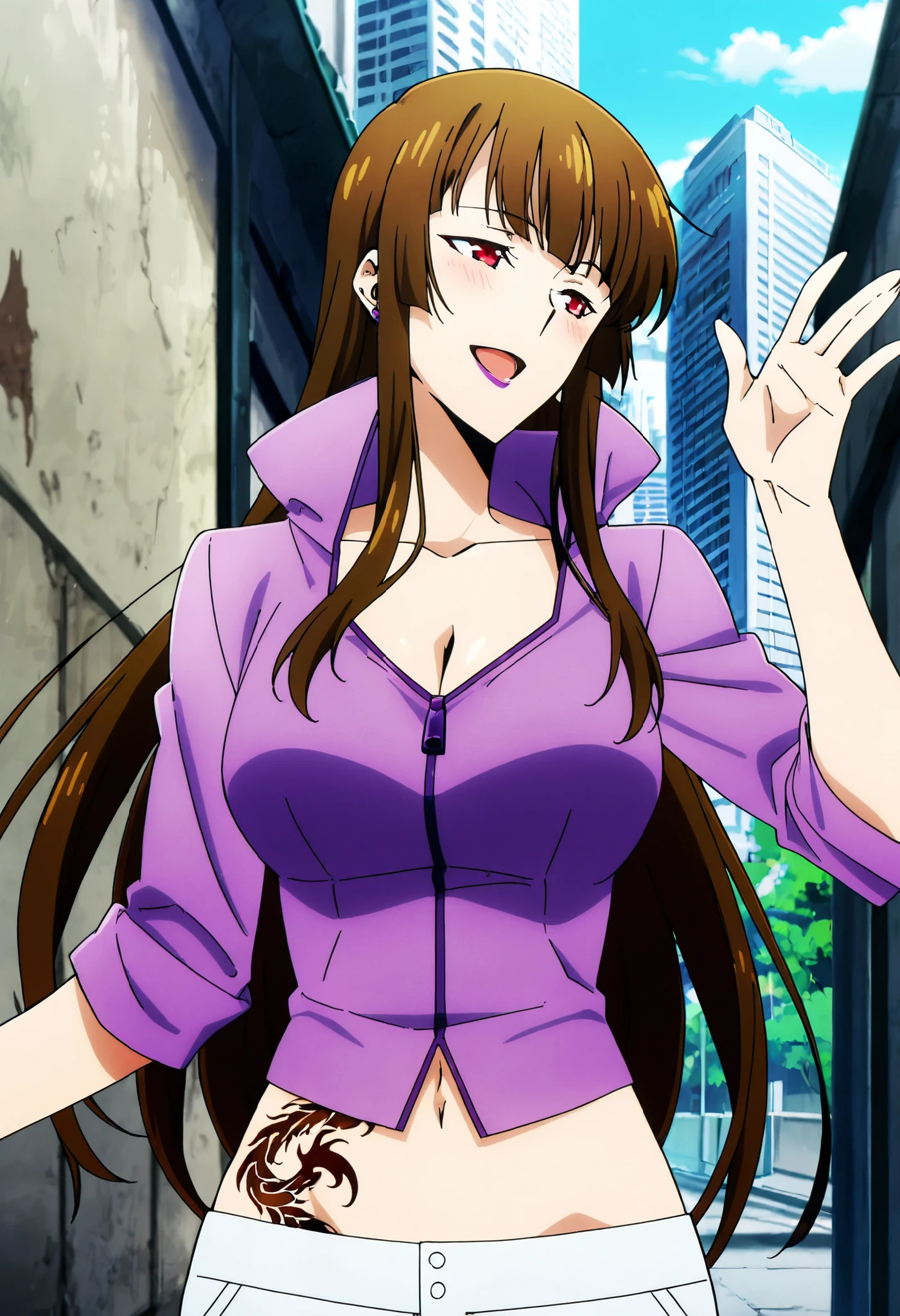 score_9,score_8_up,score_7_up,score_6_up, source_anime, girl, dynamic pose, waving, long hair, brown hair, sidelocks, bangs, red eyes, mature female, violet shirt, purple zipper, high collar, rolled-up sleeves, , modern city, alley, skyscraper,ear piercing, long hair, blush, lipstick,Hot girl, baddie, smoking, sensual, attractive exposed navel, exposed bellybutton, smile, cleavage, open mouth, waist dragon tattoo, narrowed eyes, tattoo waist, anipai_style , anime screencap , anime coloring ,Solo Leveling Style