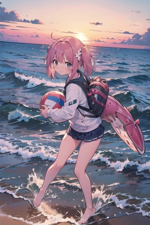 A girl and a guy play ball in the sea