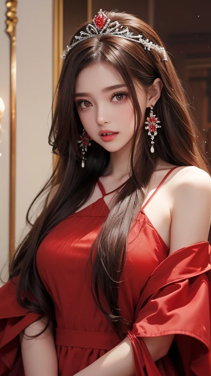 4K Ultra HD, masterpiece, girl, Nice face, Fine grain, Very long hair, Detailed lips, Very detailed dress, Red clothes, (Lace fabric 1.5)、(Dim lighting), Blowing wind off-shoulder dress