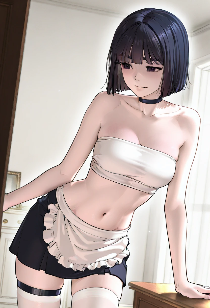 (topless),(show off your nipples), White ruffled apron,15 year old beautiful girl,maid headdress,naked apron,masterpiece, high quality,Not NSFW, apron lift,white lace panties, black hair, bangs, Fair skin, thin eyebrows, bob hair, big breasts