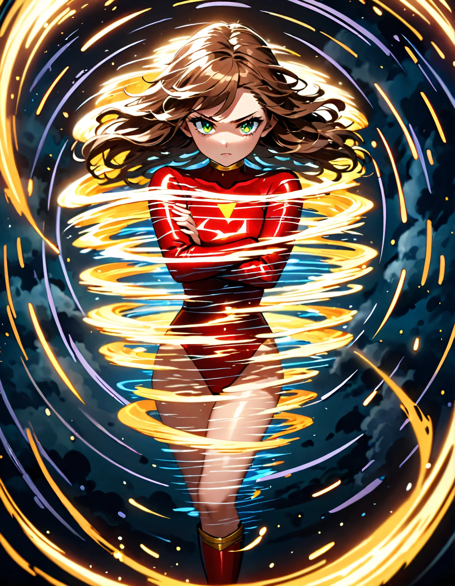 (masterpiece), (best quality), (high res), 1lady, tall body, beautiful detailed eyes, beautiful detailed face, serious, (perfect hands), complete fingers, perfect anatomy, perfect proportions, ((brown hair, medium hair)), ((green eyes)), ((leotard, red leotard, matching leotard)), ((white dress collar, open collar)), ((bare legs)), ((boots, matching boots, ankle-high boots, red boots)), breasts, medium breasts, (full body portrait), looking at viewer, (solo, solo focus), cowboy shot, space backdrop, ((yellow V (symbol) on chest)), ((red leather jacket, open jacket)), full body costume design. ((raised arms, spins fast in place like a (tornado), raised arms, legs straight, (she spins) at an (incredible speed), creating a whirlwind of air around her, cyclone spinning)), ((spiral lines, spinning energy pulse around her)). Curved Sword Slash.