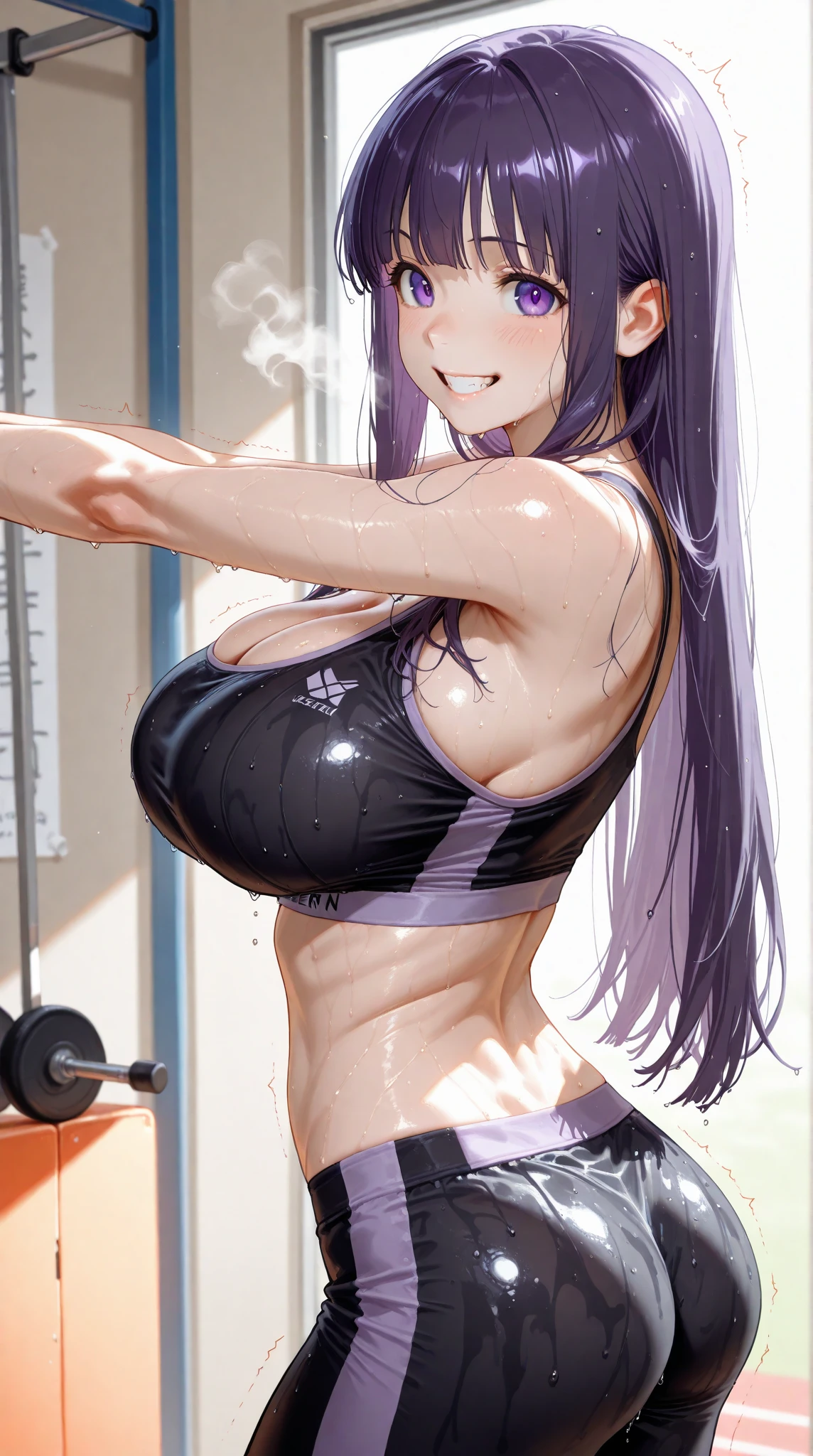 ASAGI,pantalones cortos deportivos,sujetador deportivo transparente,escote,Polainas negras,Cabello largo, Cola de caballo,cabello azul, pelo entre los ojos, bloqueos laterales, purple eyes, Mirando al espectador, en el gimnasio, Gimnasio montado en segundo plano , Gimnasio costoso,Cameltoe,(Sudando:1.1),musculatura,(Abdominales tonificados),(Altas Resoluciones, alta calidad:1.1), Detalles intrincados, cinematic lighting, 1girl,dynamic pose, ingle,They are smiling,desde abajo, large breasts, wet body, lips, open mouth