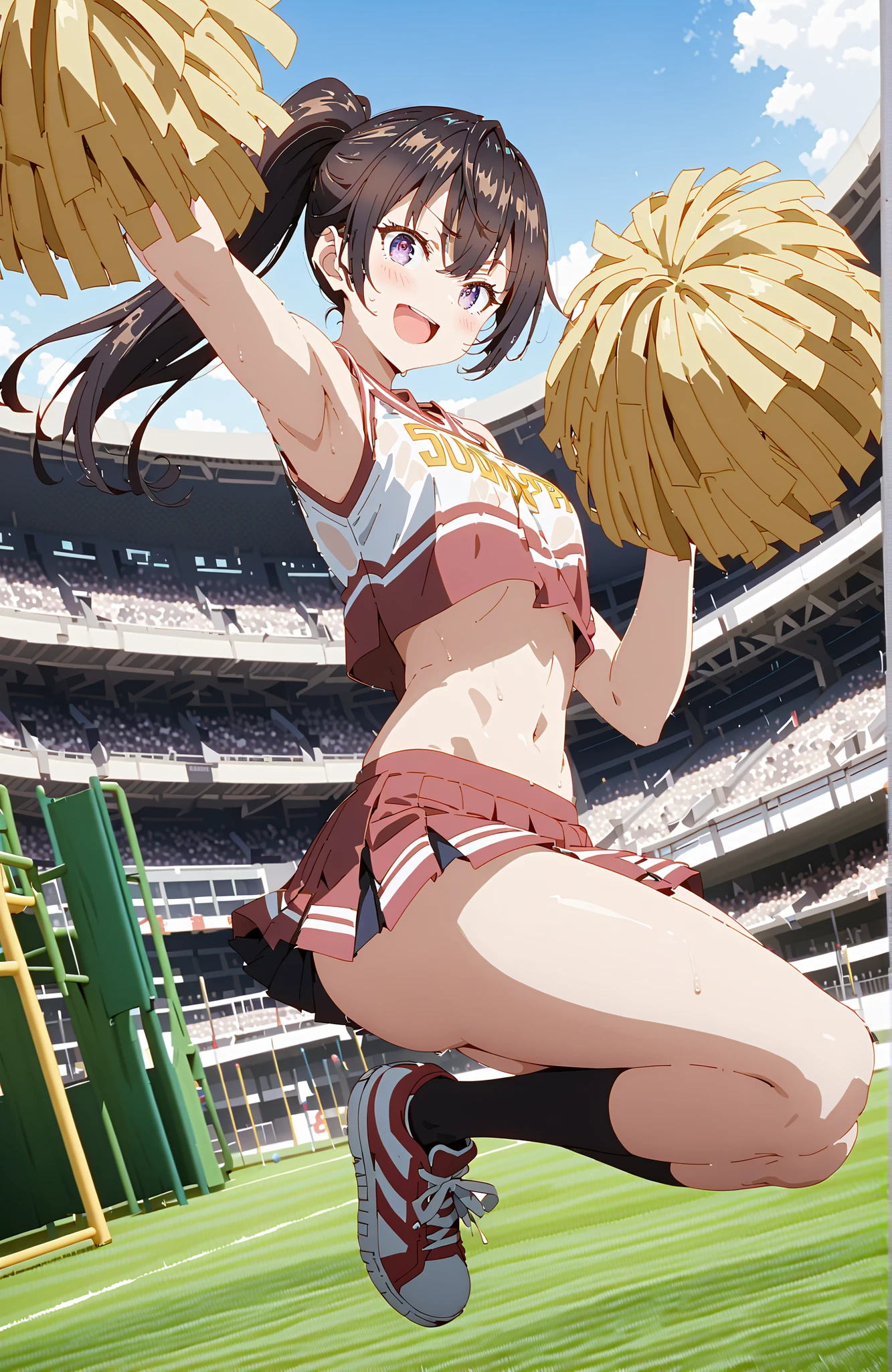 (Very detailed CG Unity 8k 壁紙),(masterpiece), (Highest quality), (Very detailed), (Best illustrations),(Best Shadow), Large Breasts、1 girl, Cheerleader、Panty shot、I can see her panties、Cute Cheerleading Costumes、cheer mini skirt、Dance with your feet up and a smile on your face、Stadium、Large crowd