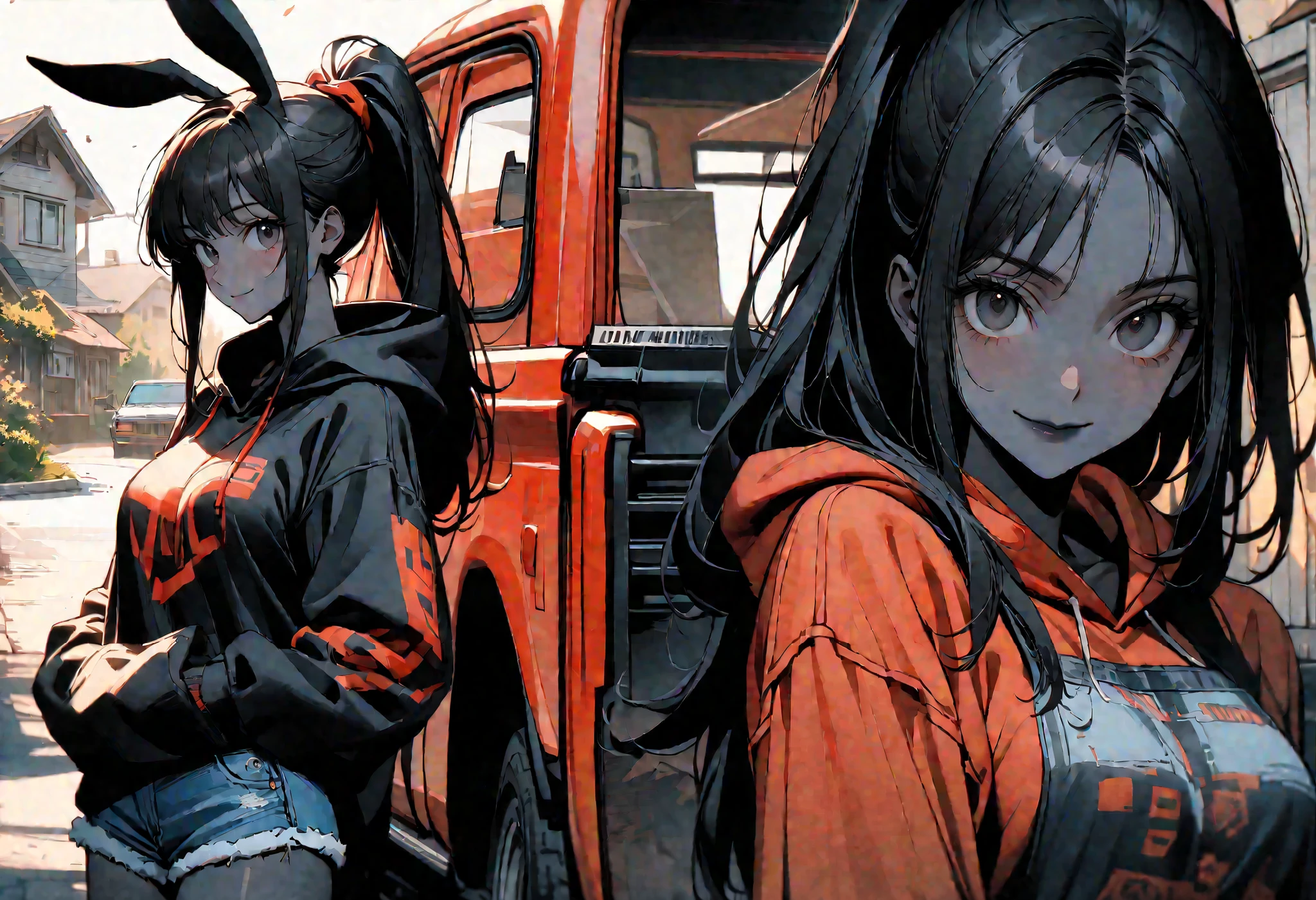 day, sunny, suburb, black skin, tools, 1990s pickup truck, red truck, comfy, driveway, rags, detailed, house, 4x4, 1girl, female, tomboy, rabbit girl, black skin, long hair, ponytail, black hair, bright black eyes, oversized hoodie, denim shorts, close up, shapely thighs, tall, curvaceous legs, broad shoulders, close up, fun, bunny ears, huge rabbit ears, black fur, large breasts, looking at viewer, fluffy denim shorts, wide smile, slim, warm light, black fur, female focus, closeup