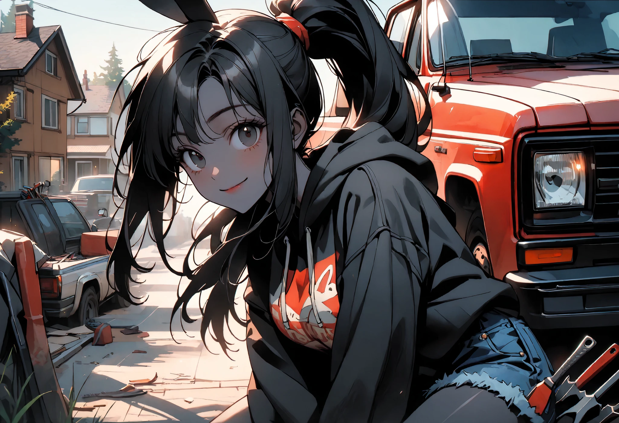 day, sunny, suburb, black skin, tools, 1990s pickup truck, red truck, comfy, driveway, rags, detailed, house, 4x4, 1girl, female, tomboy, rabbit girl, black skin, long hair, ponytail, black hair, bright black eyes, oversized hoodie, denim shorts, close up, shapely thighs, tall, curvaceous legs, broad shoulders, close up, fun, bunny ears, huge rabbit ears, black fur, large breasts, looking at viewer, fluffy denim shorts, wide smile, slim, warm light, black fur, female focus, closeup