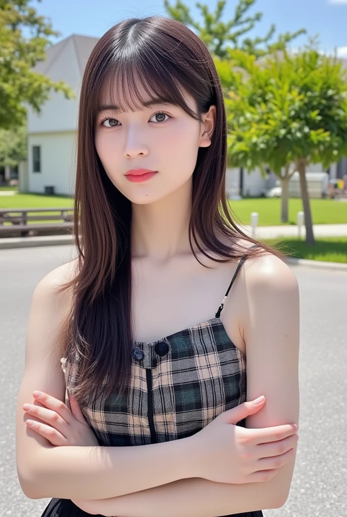 Her dark hair, Gorgeous, wavy, Gracefully running down the shoulder、Flows gently around the face, Framing with pomp.