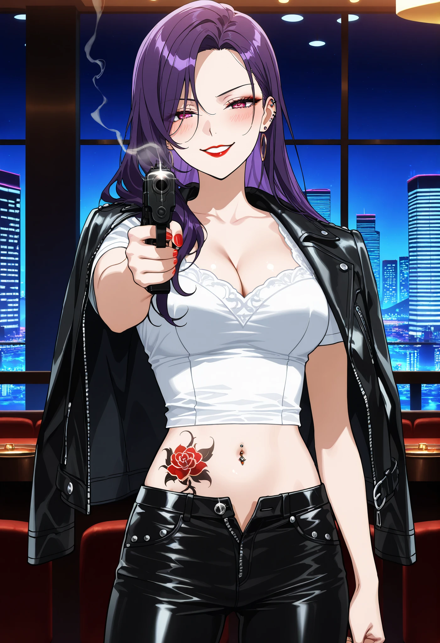 score_6_up, score_5_up, score_4_up, score_9, score_8_up, score_7_up, highly detailed, anime_source, anime_screencap, anime coloring, BREAK looking at viewer, 1girl, solo, (perfect hands, perfect anatomy), long hair, white shirt, jewelry, brown, purple hair, earrings, jacket on shoulders, yoo_soohyun, , ear piercing, long hair, blush, lipstick,Hot girl, baddie, smoking, sensual, attractive ,bar
background, inside bar,indoors, cityscape, casino, nightclub, city lights, masterpiece, best quality, highly detailed, a girls with a gun, evil smile , open mouth, sexy gaze, badass
pose , evil smile, smile, (nsfw) not safe for work, guns blazing, anime girl with long hair, beautiful long
haired girl, navel, evil expression, exposed belly, exposed navel, exposed midriff, exposed lower belly,
long black pants, cleavage, unbuttoned leather pants ,open fly, low rise black leather pants,
leather jacket, holding a gun, holding pistol, navel piercing , ,unbuttoned shirt, collared
shirt, knot,, waist dragon tattoo, narrowed eyes, tattoo waist, anipai_style , anime screencap , anime coloring