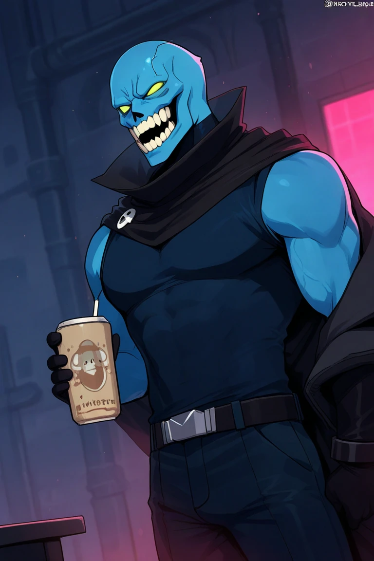 With a terrifying face,Shake the tea,Trying to throw,Demon race,male