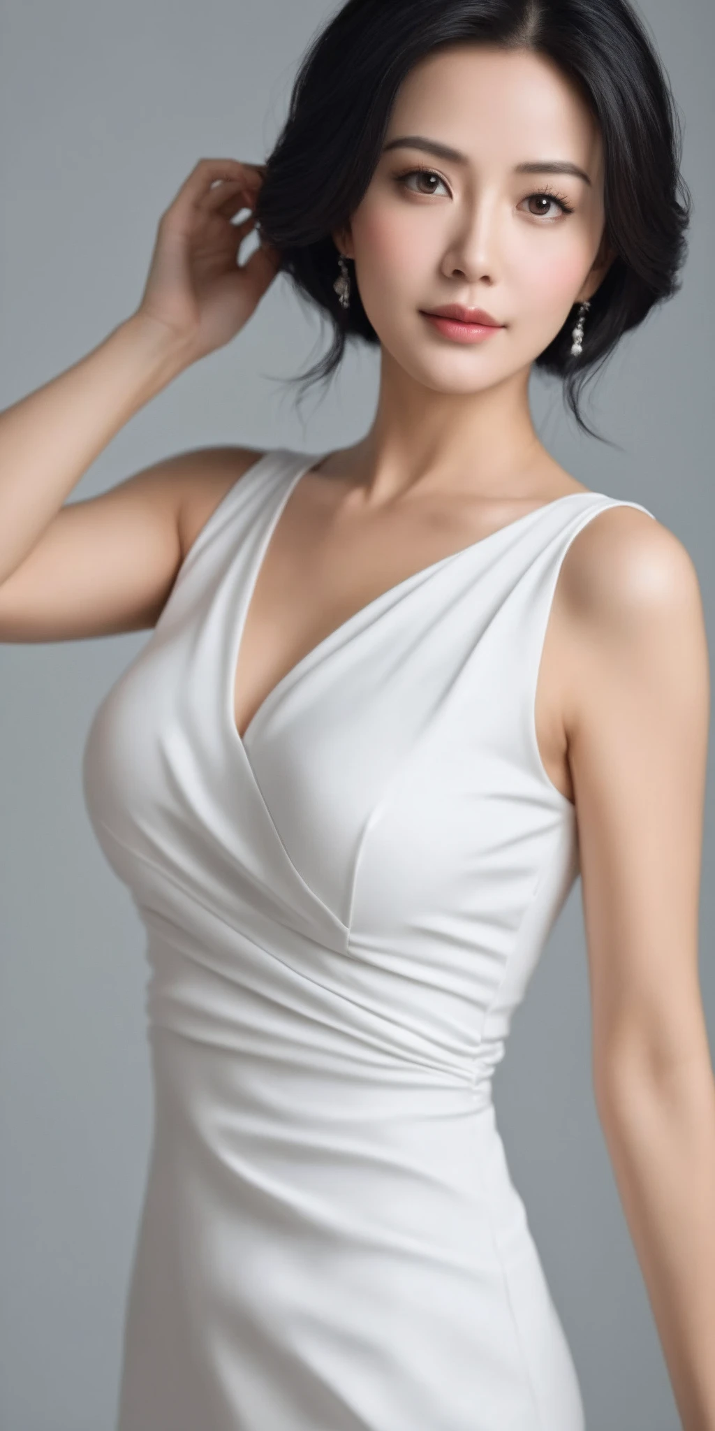 (8k,Ultra-high resolution,Highest quality,masterpiece,Realistic,Ultra-high resolution,High-quality RAW color photos,Professional photos,Realistic,Realistic),Natural skin texture,Fine skin,Hyperrealism,Intricate details,Adult women,Eye highlights.Lip gloss,Shiny skin,Glossy Lips,(Cute smile,Semi-long hair,Dark blonde hair,bangs),(gigantic breast,Big Breasts,on side),(((White Sleeveless Dress Shirt,Sleeveless collared dress shirt,black leather shorts),Quite a large slit,Knee-high boots,face focus,See-through nipples)),Streets of skyscrapers