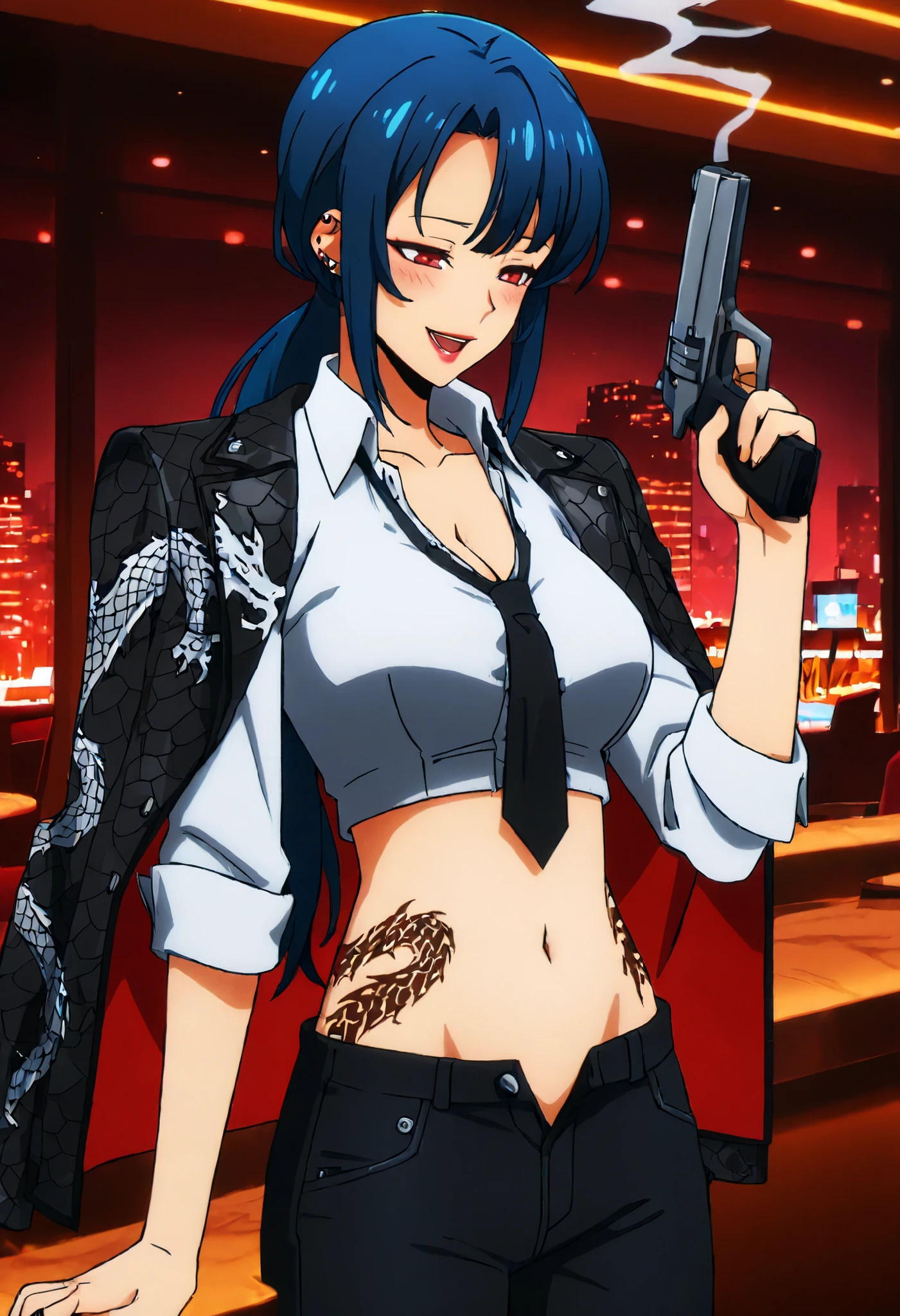 seolin, breasts, blue hair, red eyes, long hair, low ponytail,
seolin, breasts, blue hair, red eyes, long hair, low ponytail, black necktie, black jacket, jacket on shoulders,,,, ear piercing, long hair, blush, lipstick,Hot girl, baddie, smoking, sensual, attractive ,bar
background, inside bar,indoors, cityscape, casino, nightclub, city lights, masterpiece,high
quality,4k,belly,,holding pistol,cleavage, ,unbuttoned shirt, collared shirt, knot, smile, open
mouth, (nsfw) not safe for work, evil expression,belly, exposed navel, exposed midriff,
exposed lower belly,dragon print jacket, unbuttoned jeans , low rise black jeans, Low rise
jeans with open fly, waist dragon tattoo, narrowed eyes, tattoo waist, anipai_style , anime screencap , anime coloring, Solo Leveling Anime Style