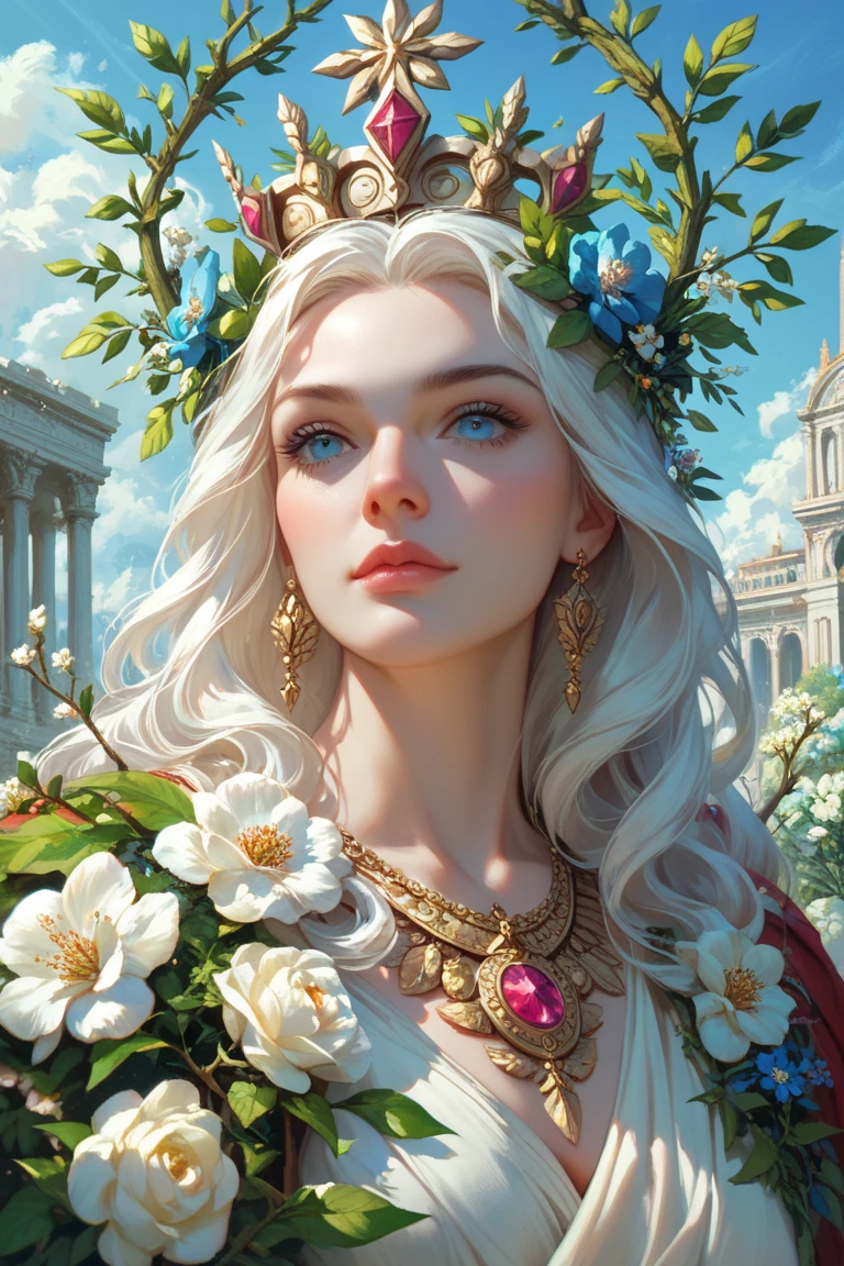 

realistic volumetric drawing, in a classic style, made with watercolors and acrylics, depicting a beautiful woman with raven-colored hair, in the style of the ancient era, Ancient Rome, A wreath of roses on the head, Bouquet of roses in your hands, in the garden, among roses and grasses; allegory rose flower, 
feeling of lightness, summer warmth, soft light, golden pink, cream, silver, mint, grassy green shades, nacre, botanical, dew, pearl, Sparks, 
Multiple exposures, transparency,layering random angle, art in Luis Royo's style