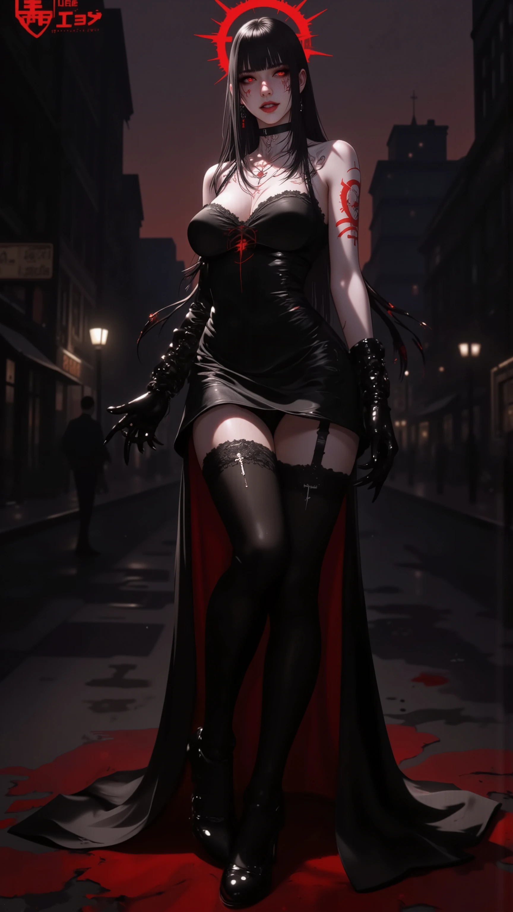 ((masterpiece, best quality, extremely detailed CG, unity 8k wallpaper,anatomically correct,ultra resolution)),Award-winning photography,(best illumination,Very Delicate and Beautiful),(one girl,solo,loli:1.5),(Vampire:1.5),silver hair,(twintails:1.2),glowing red eyes,pale skin,(extremely beautiful and detailed face:1.2), (extremely beautiful and detailed eyes:1.2),perfect hands,delicate legs,((bat hair ornament)),(casual,fashion),pointy ears,((gown:1.45,latex boots,black leather gloves)),looking at viewer,hand on hip,head tilt,smiling,dark persona,evil,(cute:1.5),((night, dark atmosphere, dark theme, darkness:1.5)),dramatic shadows,(dimly lit:1.5),blood on face,blood on floor, blood on walls,(blood mist,blood splash:1.4),depth of field,(Bustling city:1.2,park:1.3,crowds of people:1.2), cloud, full moon, moon, moonlight, night sky, outdoors, blood moon, sky, star sky, starry sky,(perfect human body structure with maximum precision)