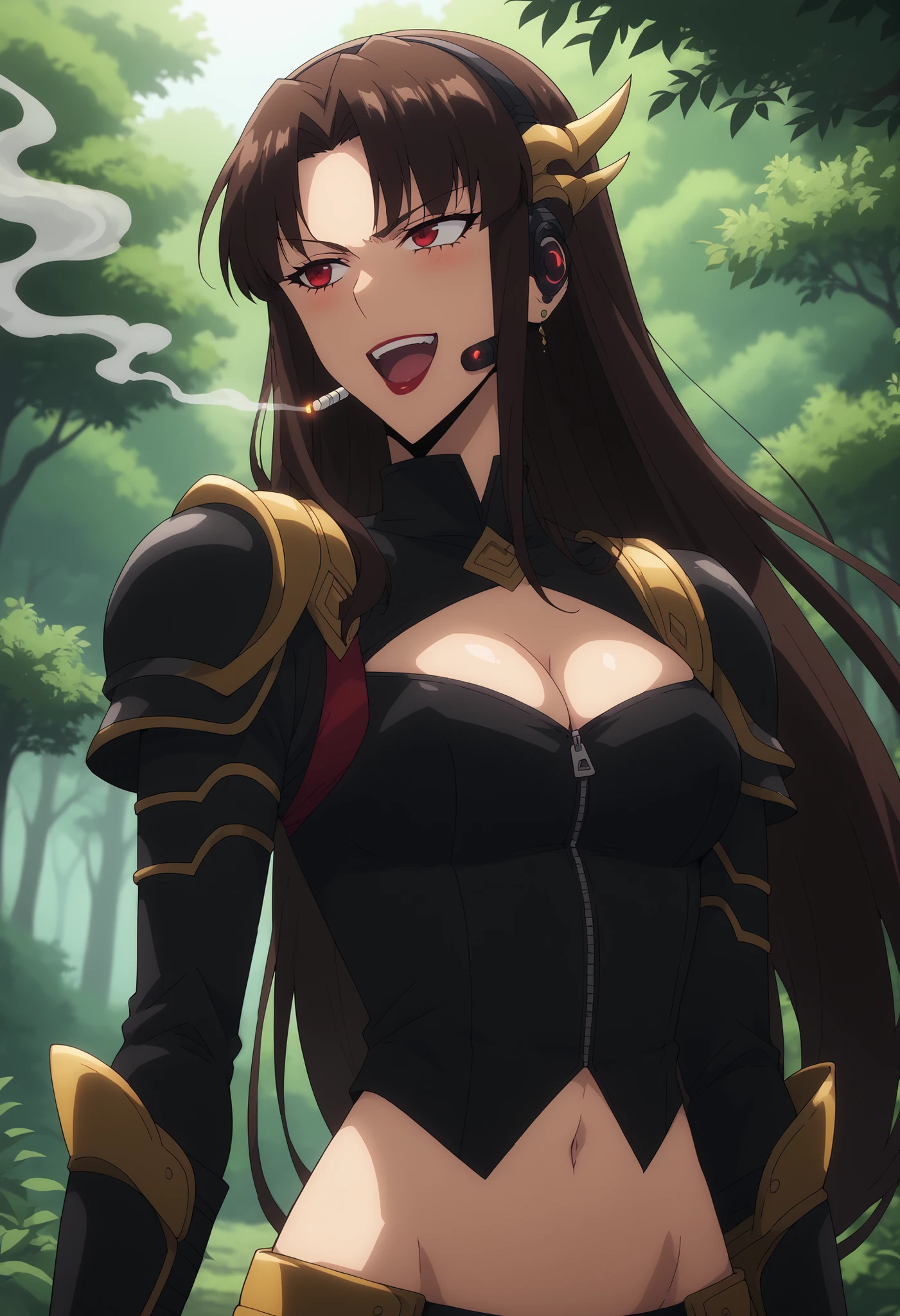 score_9,score_8_up,score_7_up,score_6_up, source_anime, girl, dynamic pose, long hair, brown hair, sidelocks, bangs, red eyes, , black coat, black armor, shoulder pads, cleavage cutout, headset, black gloves, forest, nature, light rays, ear piercing, long hair, blush, lipstick,Hot girl, baddie, smoking, sensual, attractive ,unzip zipper, navel cutout, exposed navel, exposed bellybutton, smile, cleavage, open mouth, waist dragon tattoo, narrowed eyes, tattoo waist, anipai_style , anime screencap , anime coloring ,Solo Leveling Anime Style