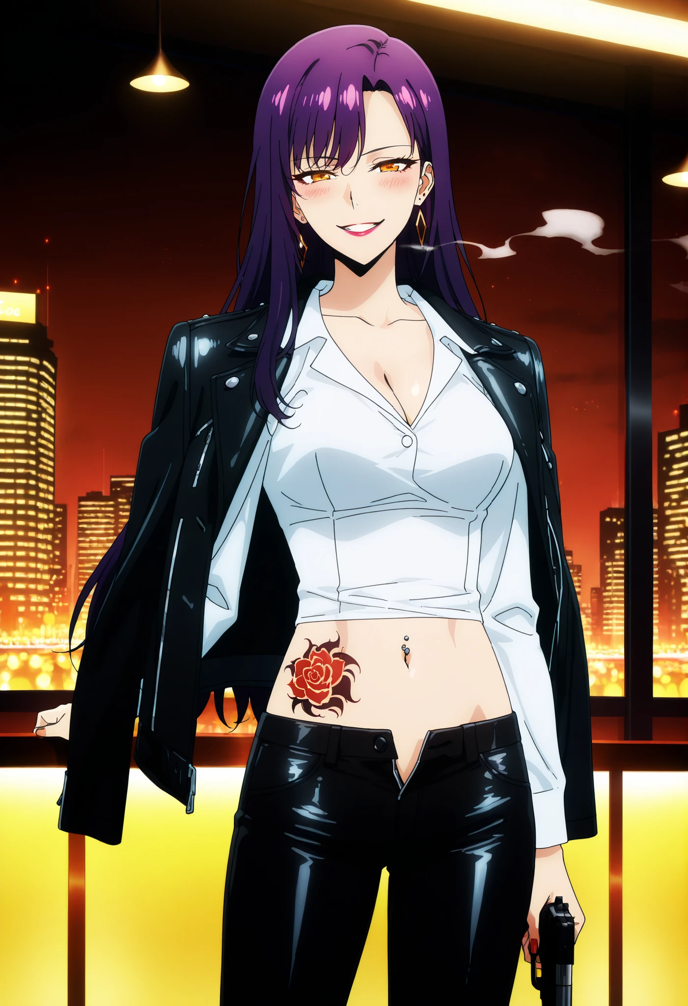 score_6_up, score_5_up, score_4_up, score_9, score_8_up, score_7_up, highly detailed, anime_source, anime_screencap, anime coloring, BREAK looking at viewer, 1girl, solo,  (perfect hands, perfect anatomy), long hair, white shirt, jewelry, brown, purple hair, earrings, jacket on shoulders, yoo_soohyun, , ear piercing, long hair, blush, lipstick,Hot girl, baddie, smoking, sensual, attractive ,bar
background, inside bar,indoors, cityscape, casino, nightclub, city lights, masterpiece, best quality, highly detailed, a girls with a gun, evil smile , open mouth, sexy gaze, badass
pose , evil smile, smile, (nsfw) not safe for work, guns blazing, anime girl with long hair, beautiful long
haired girl, navel, evil expression, exposed belly, exposed navel, exposed midriff, exposed lower belly,
long black pants, cleavage, unbuttoned leather pants ,open fly, low rise black leather pants,
leather jacket, holding a gun, holding pistol, navel piercing , ,unbuttoned shirt, collared
shirt, knot,, waist dragon tattoo, narrowed eyes, tattoo waist, anipai_style , anime screencap , anime coloring, Solo Leveling Anime Style