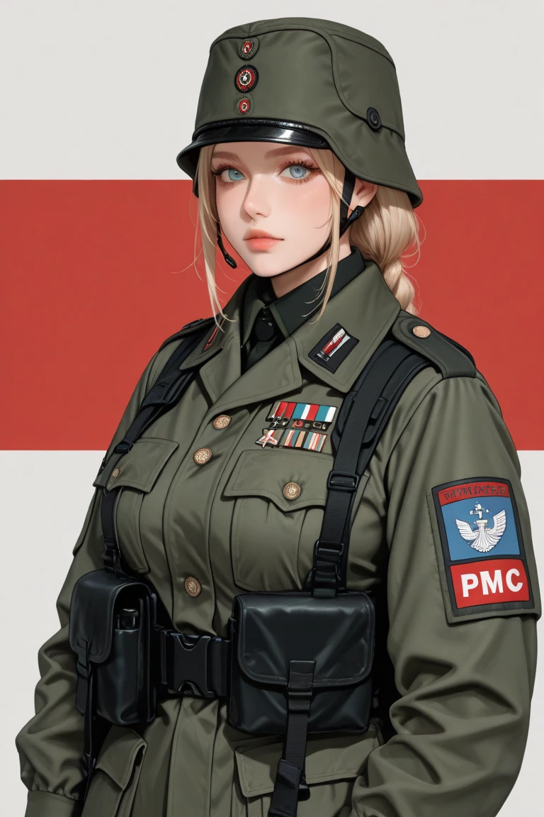 masterpiece, 1girl, face focus, flag in background, German uniform, black SS uniform, short hair, tie, belt, helmet, insignia, red armband, 3Reich