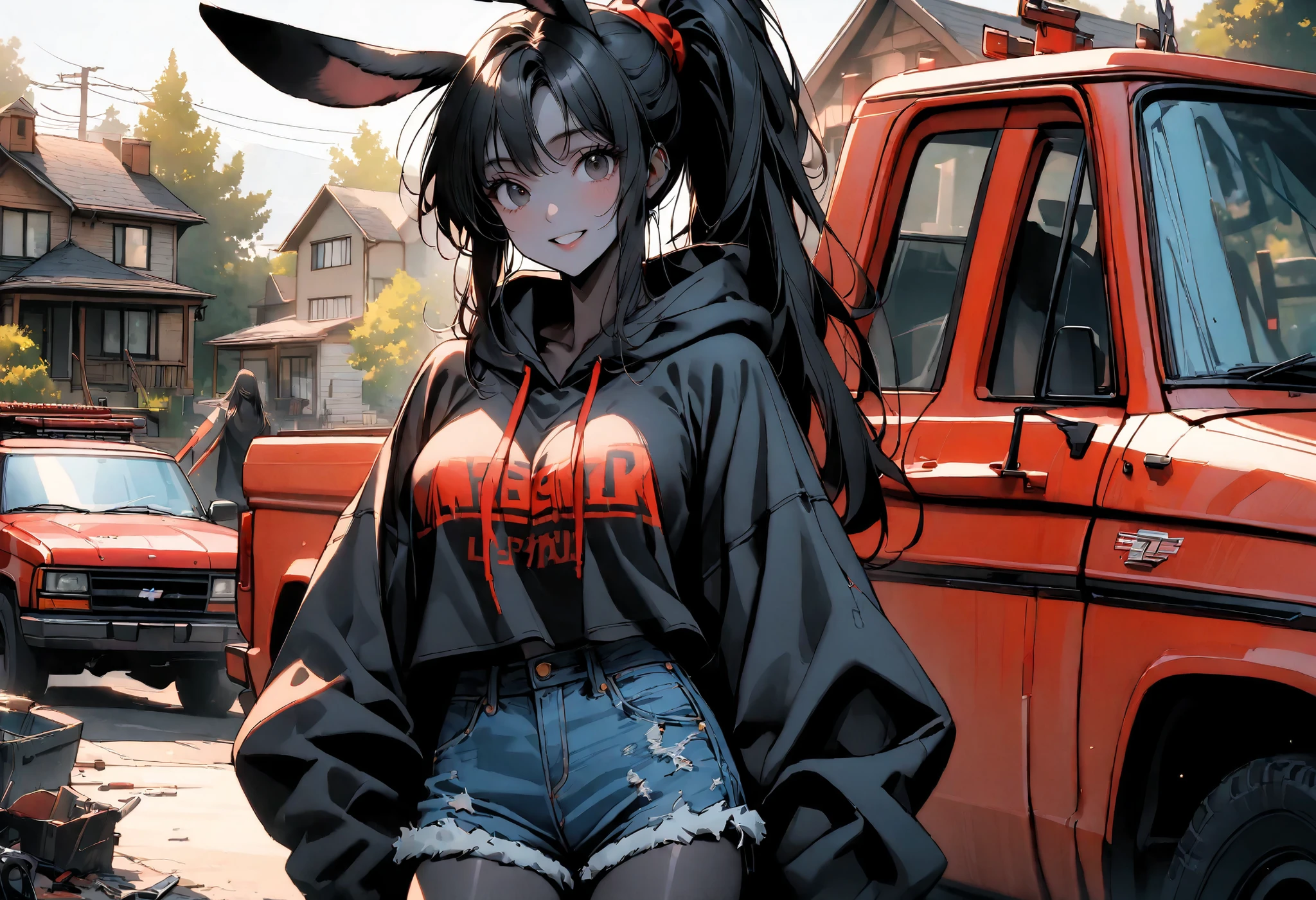 day, sunny, suburb, black skin, tools, 1990s pickup truck, red truck, comfy, driveway, rags, detailed, house, 4x4, 1girl, female, tomboy, rabbit girl, black skin, long hair, ponytail, black hair, bright black eyes, oversized hoodie, denim shorts, close up, shapely thighs, tall, curvaceous legs, broad shoulders, close up, fun, bunny ears, huge rabbit ears, black fur, large breasts, looking at viewer, fluffy denim shorts, wide smile, slim, warm light, black fur, female focus, closeup