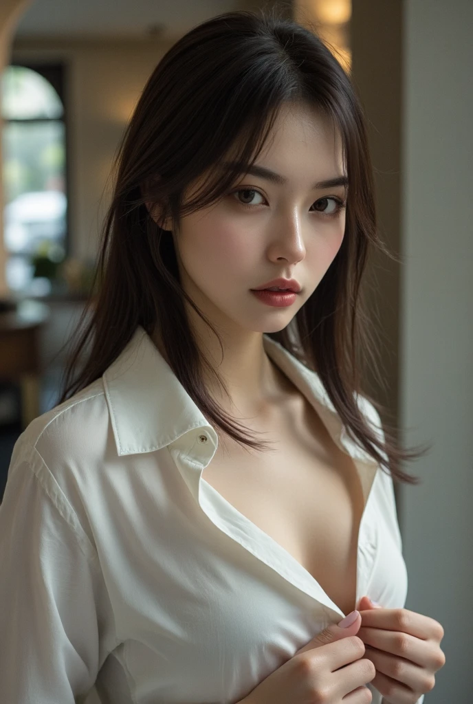 ((best quality, 8k, masterpiece :1.3)), Clear focus :1.2, Beautiful woman with perfect body :1.4, Slim abdominal muscles :1.2, ((Dark brown hair, Large Breasts :1.3)), (White buttoned long shirt :1.1), City Streets:1.2, Highly detailed face and skin texture, Delicate eyes, double eyelids,Have dimples