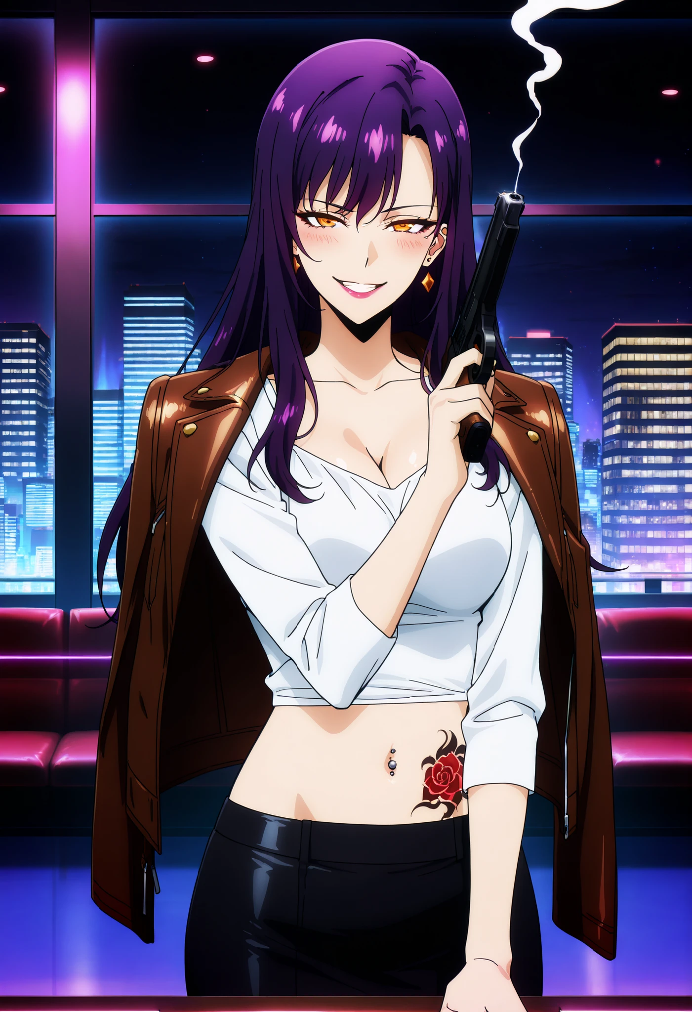 score_6_up, score_5_up, score_4_up, score_9, score_8_up, score_7_up, highly detailed, anime_source, anime_screencap, anime coloring, BREAK looking at viewer, 1girl, solo, (perfect hands, perfect anatomy), long hair, white shirt, jewelry, brown, purple hair, earrings, jacket on shoulders, yoo_soohyun, , ear piercing, long hair, blush, lipstick,Hot girl, baddie, smoking, sensual, attractive ,bar
background, inside bar,indoors, cityscape, casino, nightclub, city lights, masterpiece, best quality, highly detailed, a girls with a gun, evil smile , open mouth, sexy gaze, badass
pose , evil smile, smile, (nsfw) not safe for work, guns blazing, anime girl with long hair, beautiful long
haired girl, navel, evil expression, exposed belly, exposed navel, exposed midriff, exposed lower belly,
black pencil miniskirt, , cleavage, pencil miniskirt, ,
leather jacket, holding a gun, holding pistol, navel piercing , ,unbuttoned shirt, collared
shirt, knot,, waist dragon tattoo, narrowed eyes, tattoo waist, anipai_style , anime screencap , anime coloring, Solo Leveling Anime Style