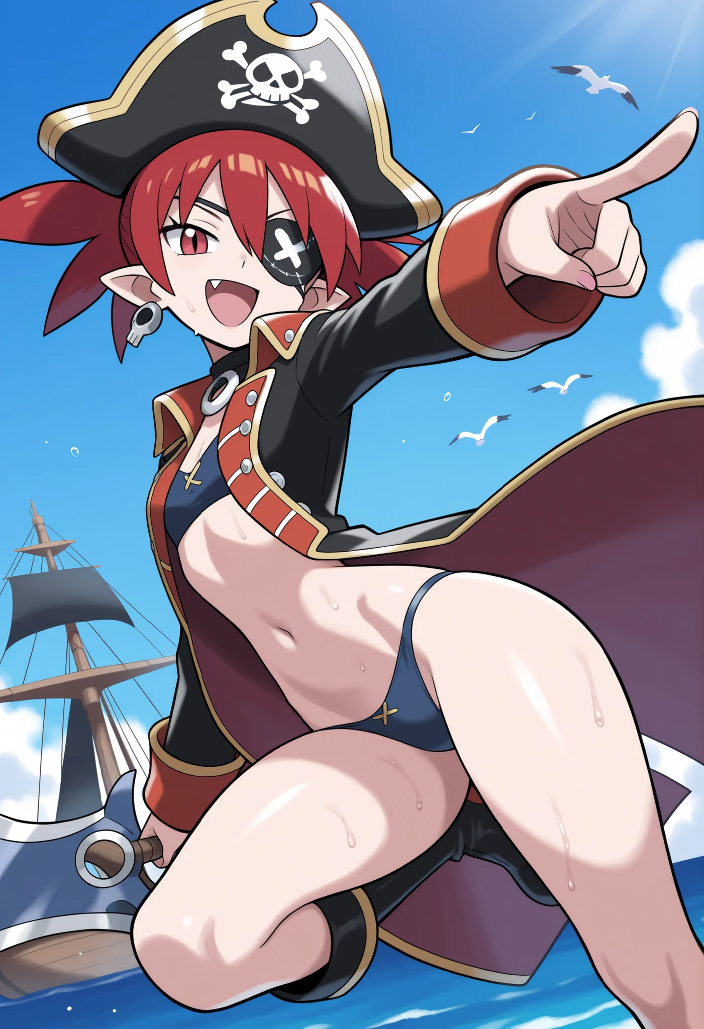 Teenage pirate captain. Sexy red pirate suit no pants. No bra. No underwear. Flat chest. Captain hat. Brown hair. Weapon. On the pirate ships. Shore background. Epic standing pose. Beautiful teenage face.